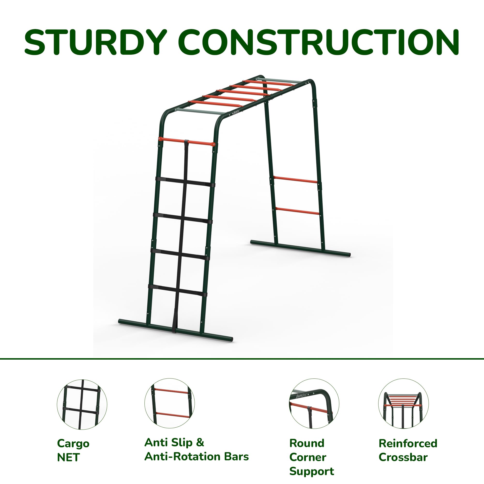Plum Metal Monkey Bars Climbing Frame with Cargo Net | Forest Green | Ages 3+ 8