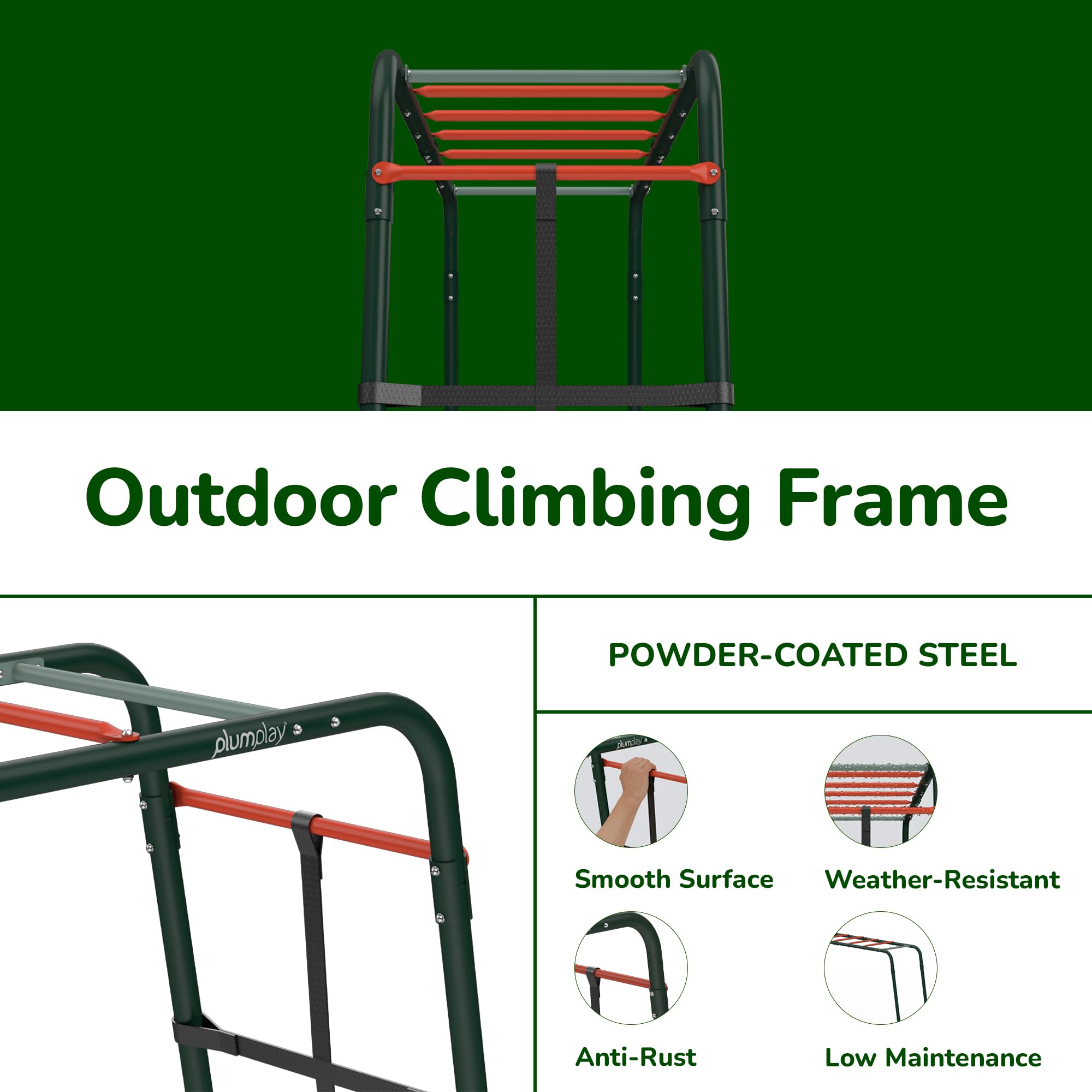 Plum Metal Monkey Bars Climbing Frame with Cargo Net | Forest Green | Ages 3+ 9