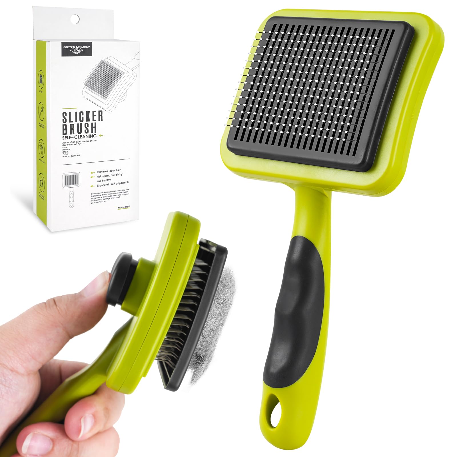 MOXYOY Self Cleaning Pet Hair Comb - Undercoat Removal | Stainless Steel Pins | Green