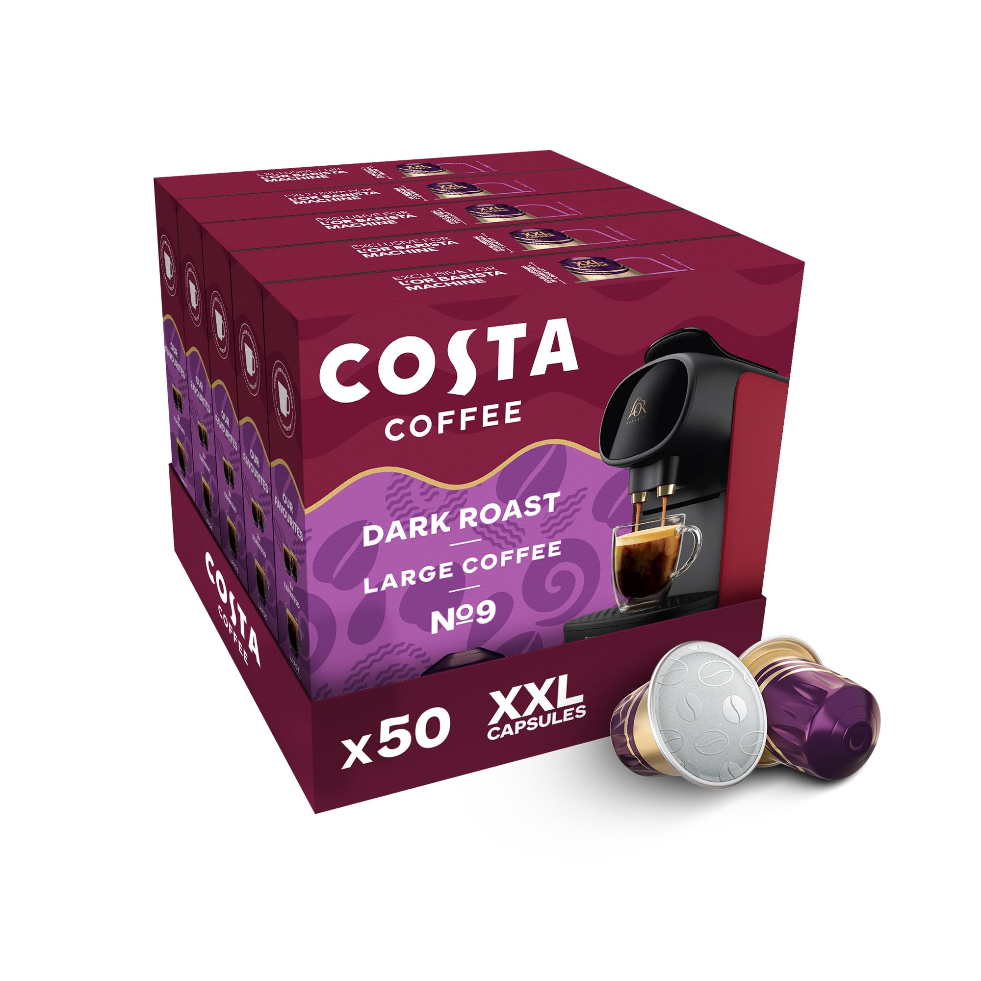 Costa Dark Intense Roast XXL Coffee Pods (Pack of 5, 50 Capsules) for L'OR BARISTA 1