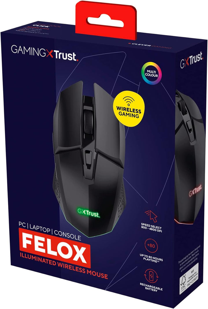 Trust Gaming GXT 110 Felox Rechargeable Wireless Gaming Mouse – 80H Battery, 800-4800 DPI, RGB LED, 6 Buttons