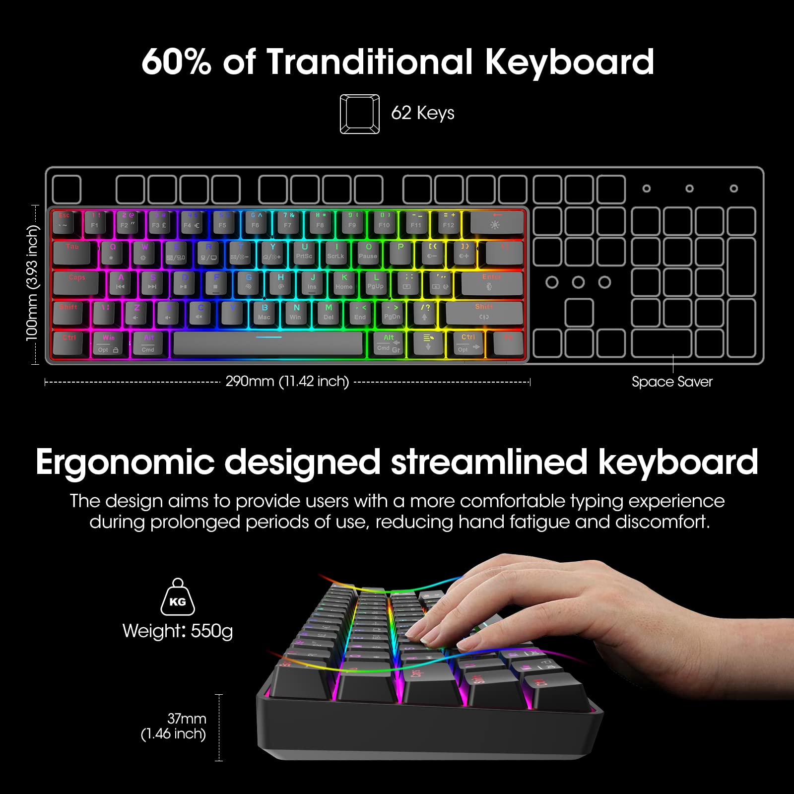 KOORUI MK061 60% Mechanical Gaming Keyboard - Red Switch, RGB Backlit, Hot-Swappable, Wired Compact Keyboard for PC & Mac 5