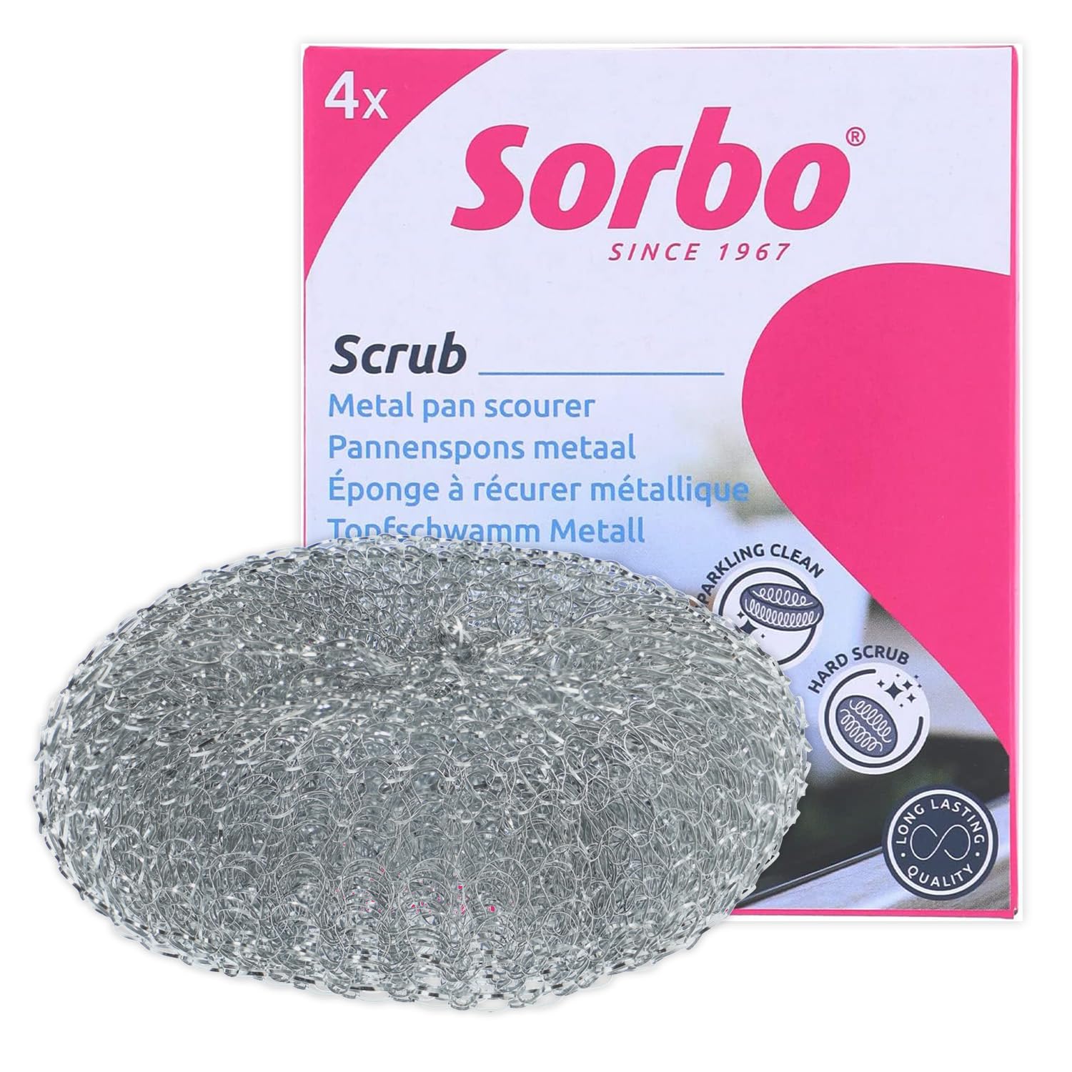 Sorbo Metal Pan Scourers - Heavy-Duty Steel Wool Pads for Tough Grease | 4 Pack 1