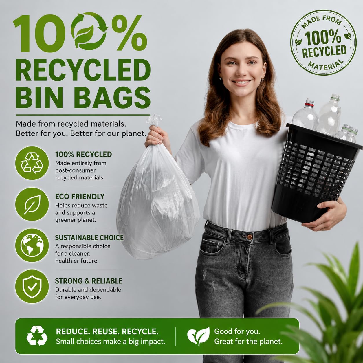 EcoBag Heavy Duty Swing Bin Liners - 55L Capacity, 30 Count | White Plastic 7