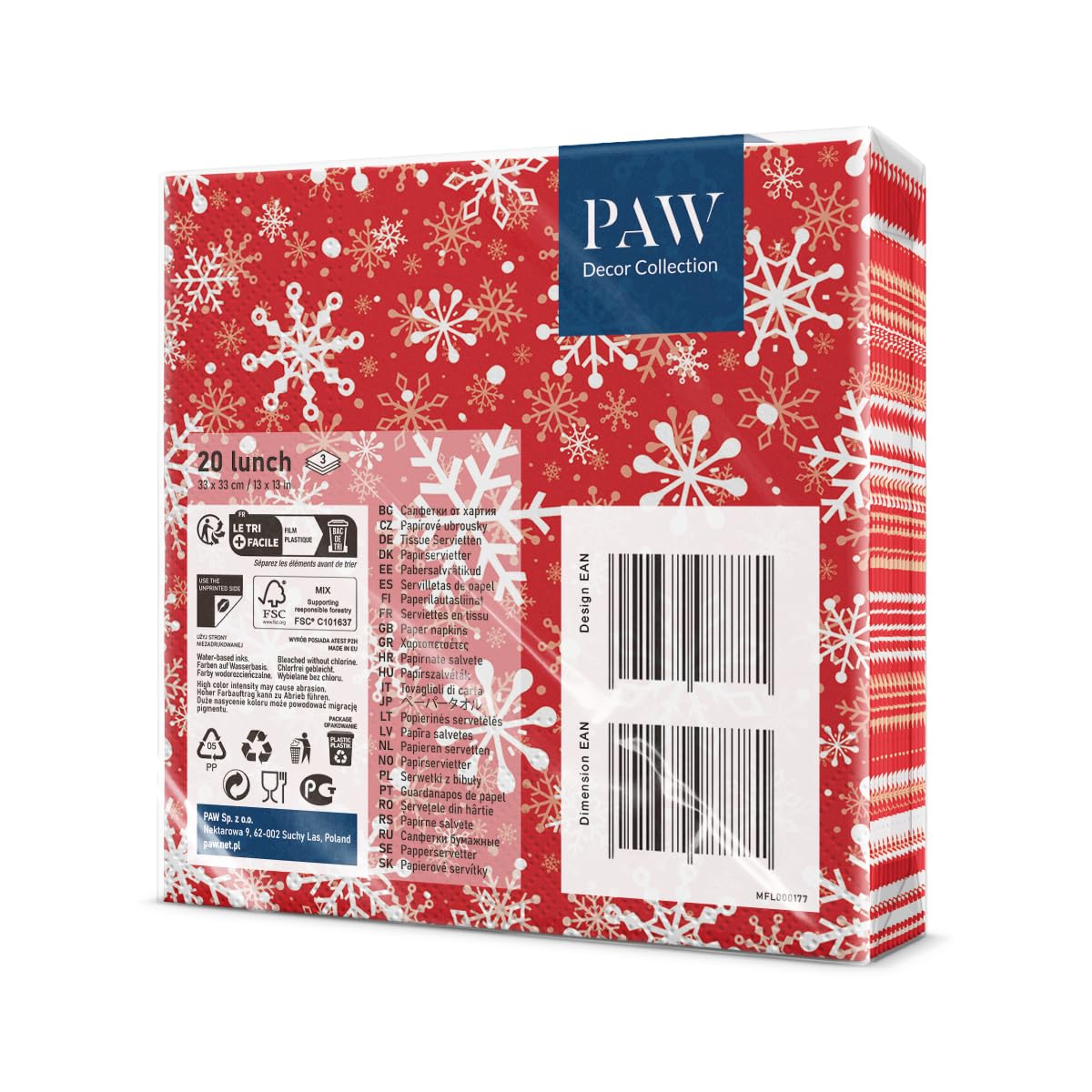 PAW Decor Collection 3-Ply Napkins - Christmas Snowflakes Design | 33 x 33 cm | 20 Pcs
