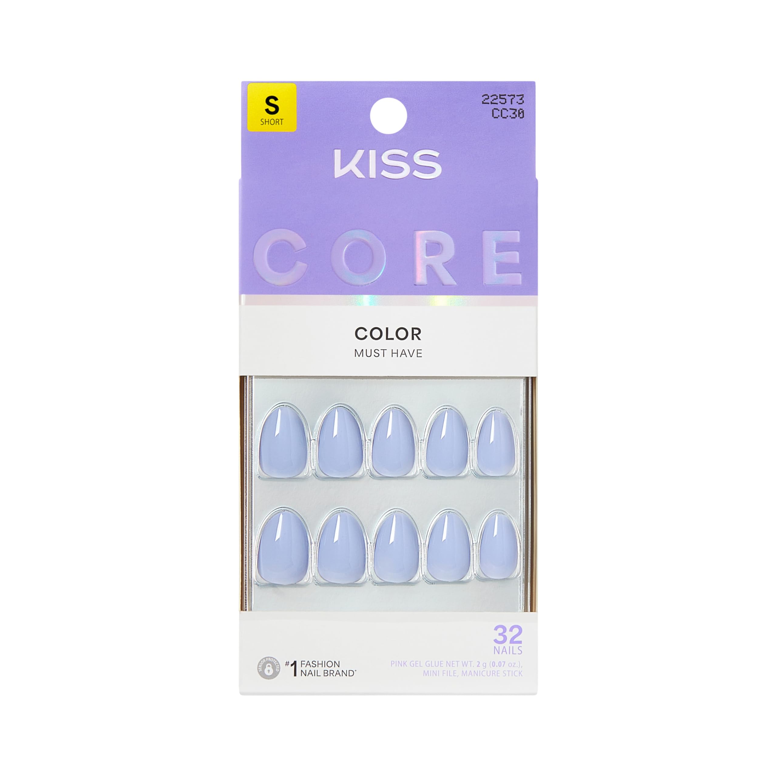 KISS CORE Color Press On Nails - Blue Almond Short | Glue Included | 32 Count