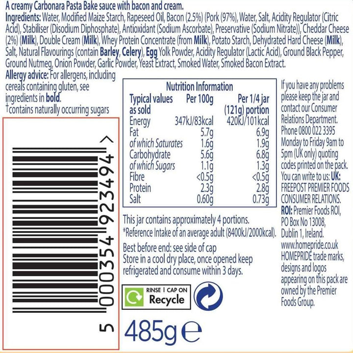 Homepride Carbonara Pasta Bake Sauce, No Added Sugars, 485g Jar