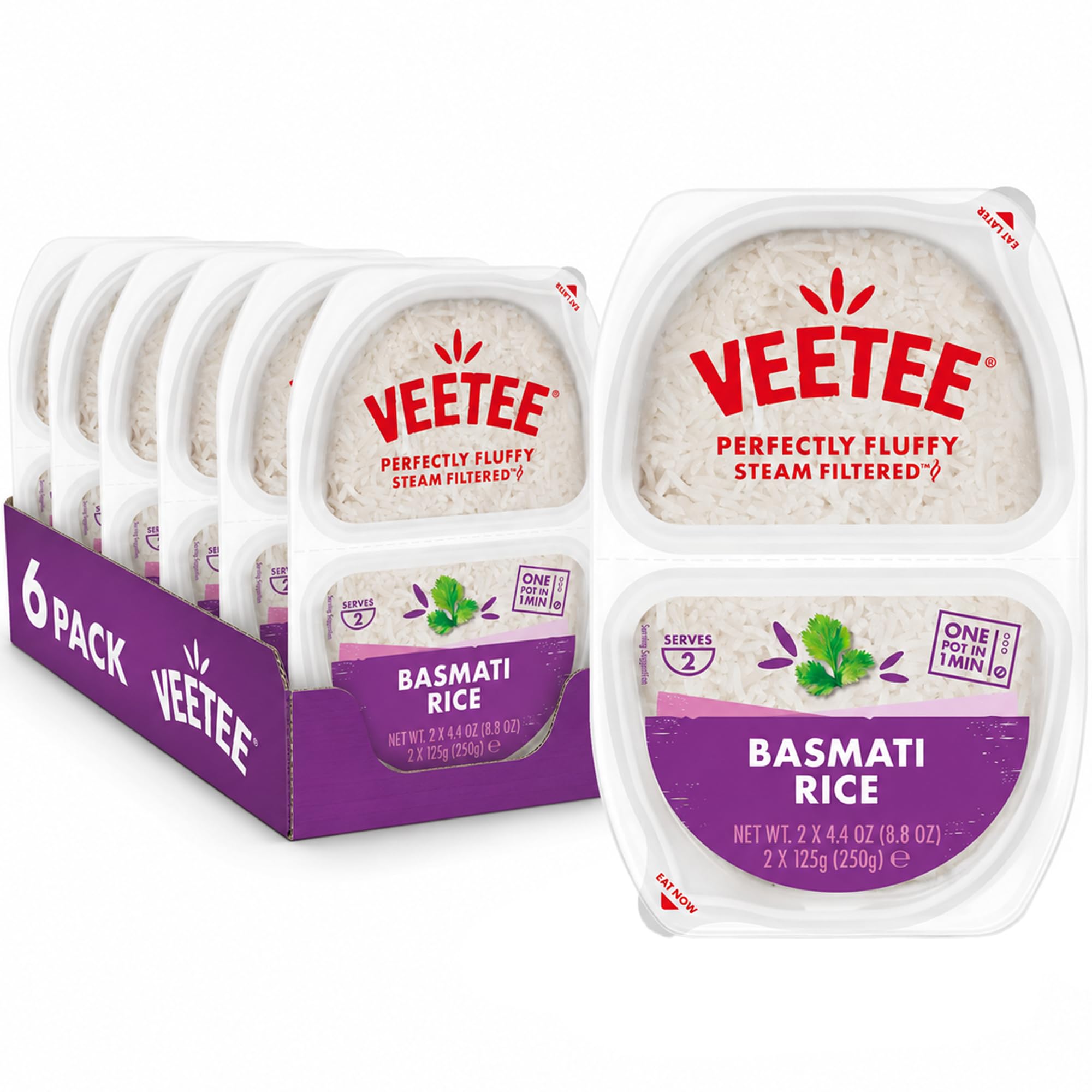 VEETEE Basmati Rice Pots - 6 x 250g Microwave Rice Pots | Steamed Basmati Rice | Ready in 60 Seconds