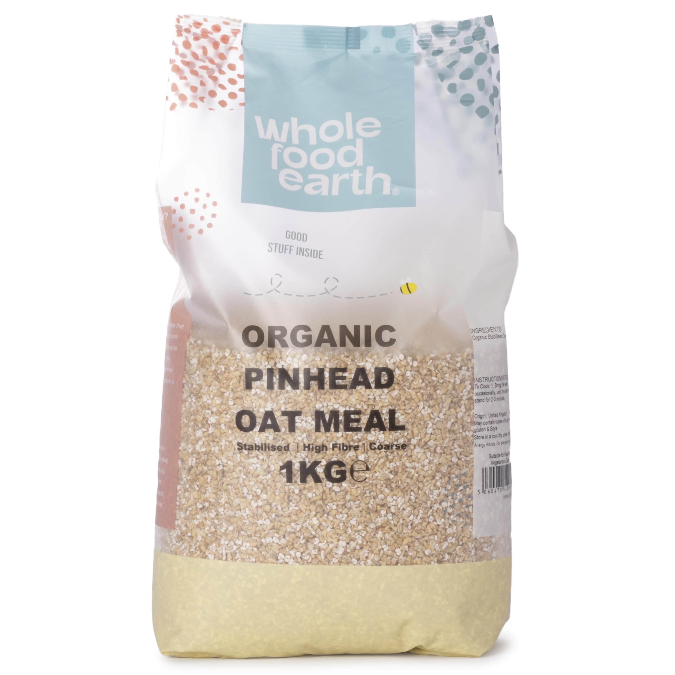 Wholefood Earth Organic Coarse Oatmeal (Pinhead Oats) - 1 kg | High Fibre Whole Grain