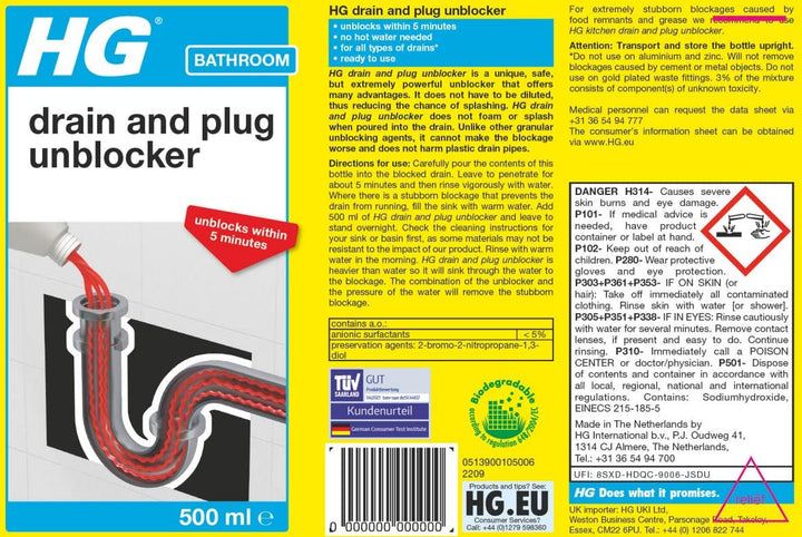 HG - Liquid Drain Unblocker for Blocked Drains & Plug Holes (1L)