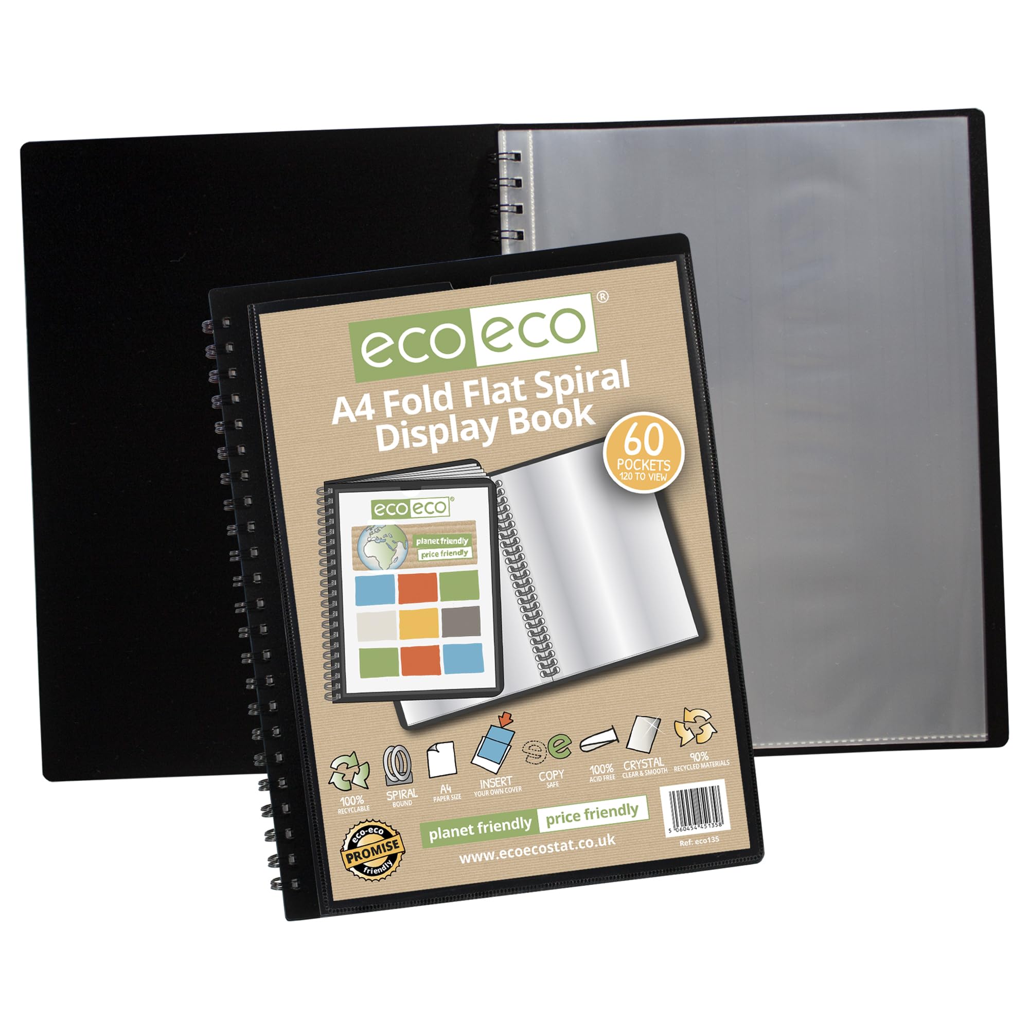 eco-eco A4 60 Pocket Display Book - 90% Recycled Material | Spiral Bound | Storage Pocket
