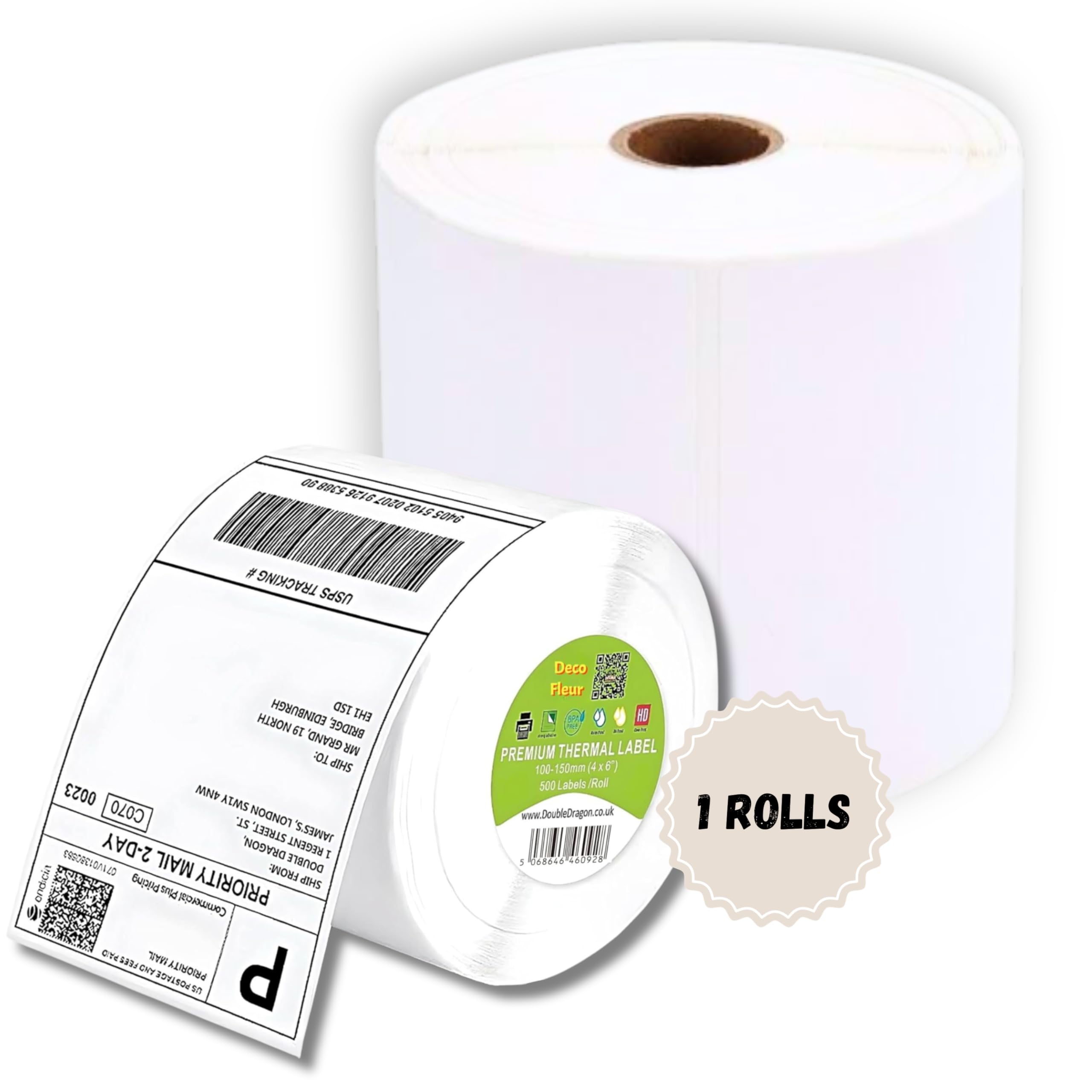 Deco Fleur Self-Adhesive Labels - 6x4 Inch Thermal Printer Labels | 500 Labels per Roll | White Papier