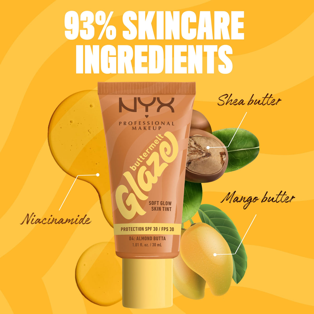 NYX Professional Makeup Buttermelt Glaze Skin Tint Foundation - SPF 30, 04 Almond Butta, 30 ml
