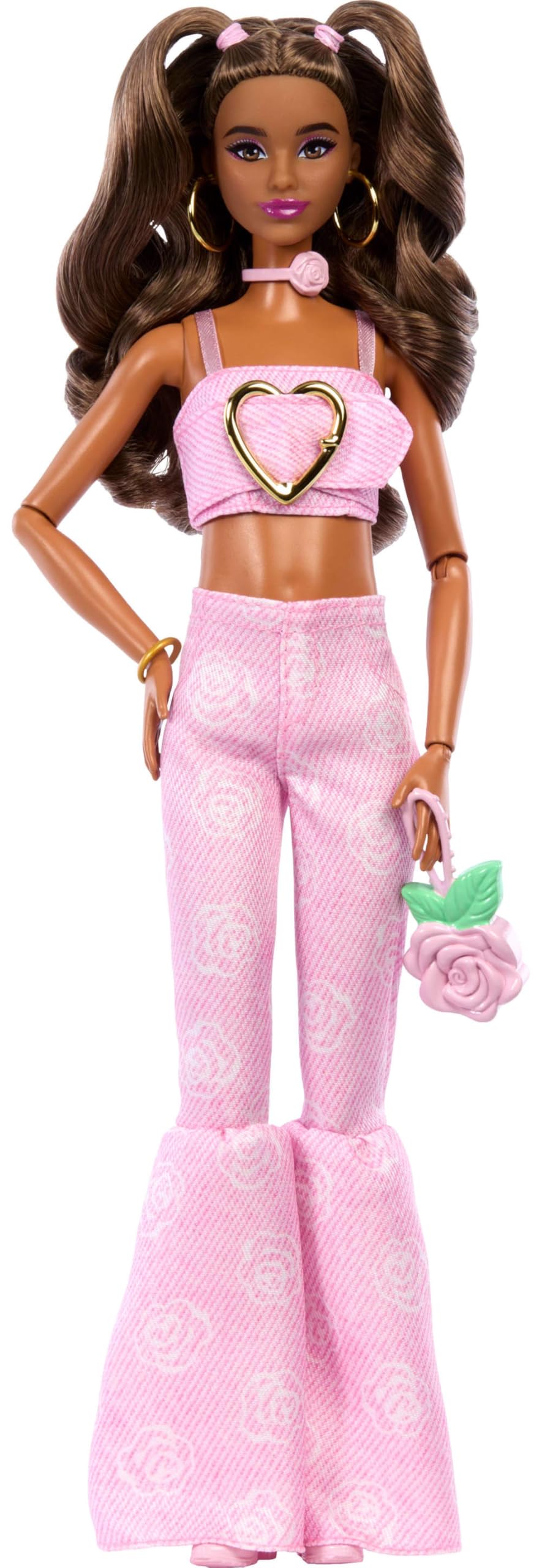 Barbie Deluxe Style Doll #12 in Pink Denim Crop Top with Rose Print Flare Jeans 1