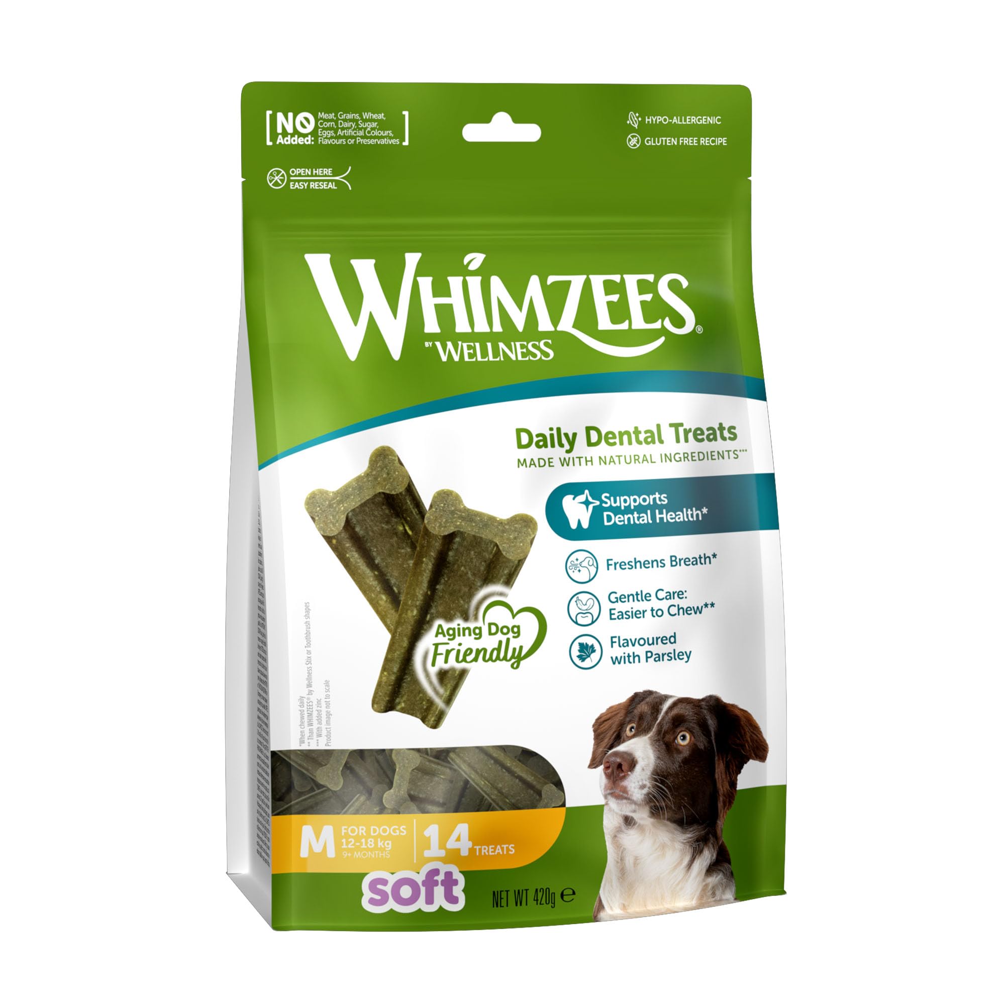 WHIMZEES Softer Dog Dental Stix - Size M, 14 Pieces | Gentle Chew for Seniors | Parsley Flavored