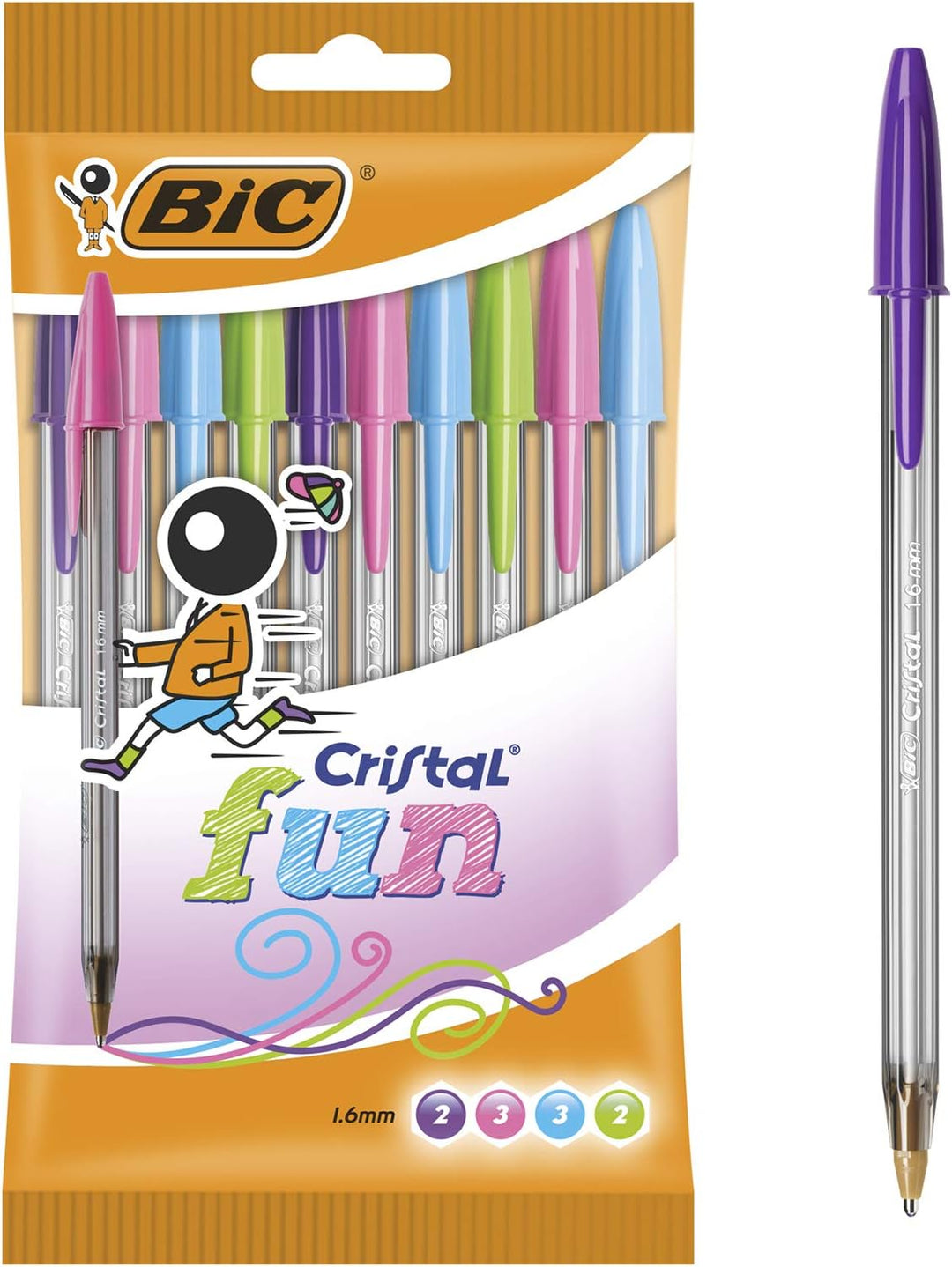 BIC Cristal Fun Ballpoint Pens Wide Point (1.6 mm) – Assorted Colours, Pouch of 10, 921342