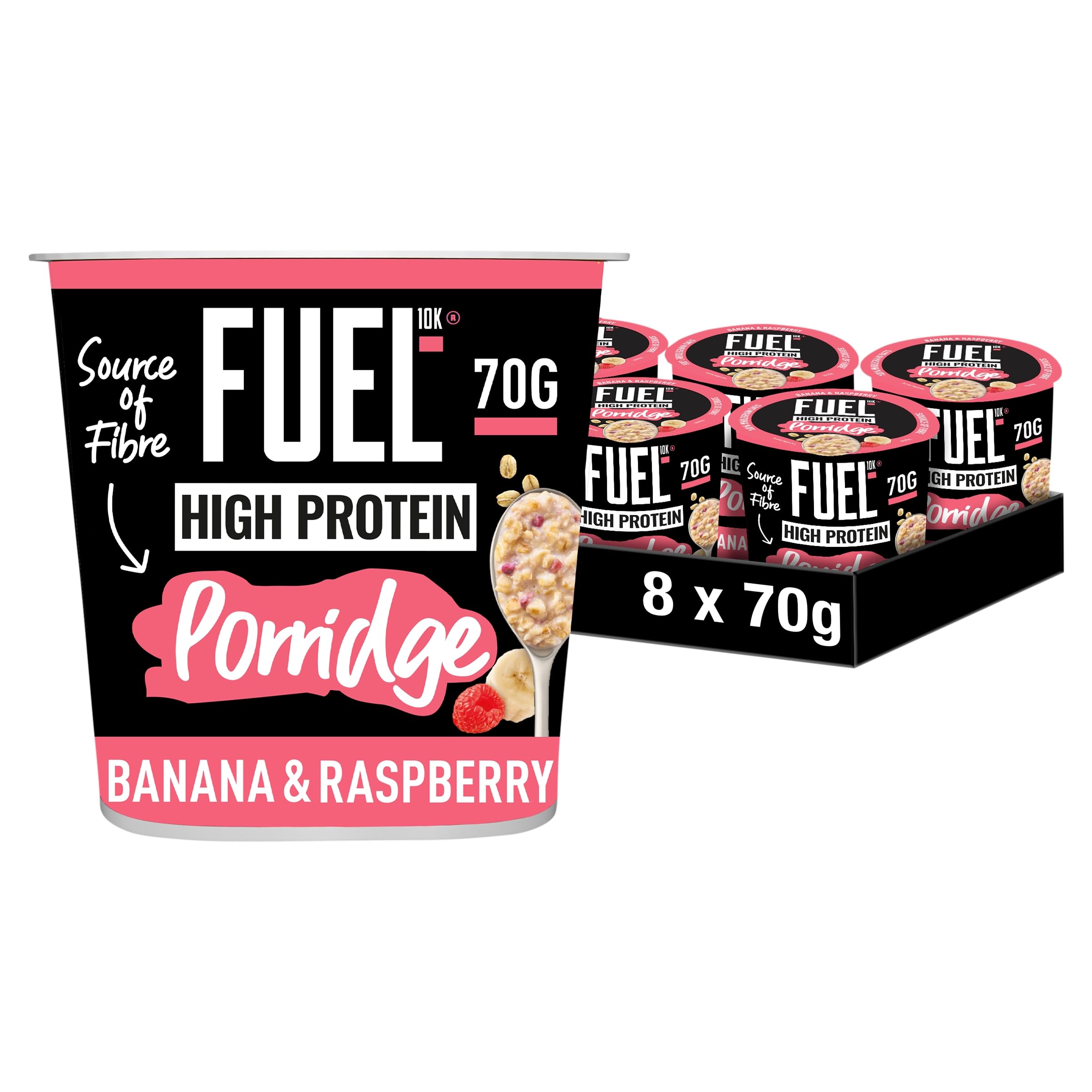 FUEL10K High Protein Banana & Raspberry Porridge Pot - 13g Protein, Wholegrain Oats | 8 Pack 1