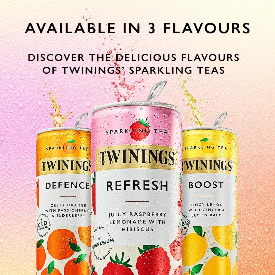 Twinings Refresh Sparkling Tea - Raspberry & Lemon | 4 x 250ml Cans | Low Calorie 5