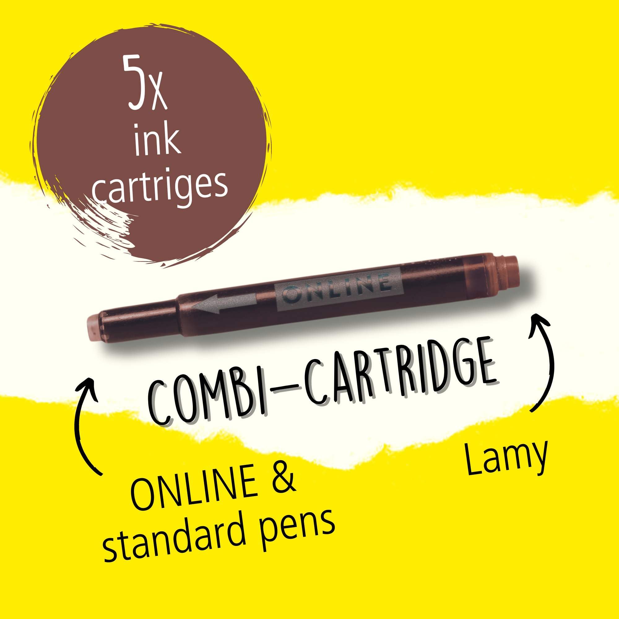 Online Universal Double-Sided Fountain Pen Refills - Brown Ink | 5 Cartridges | Compatible with Lamy 2