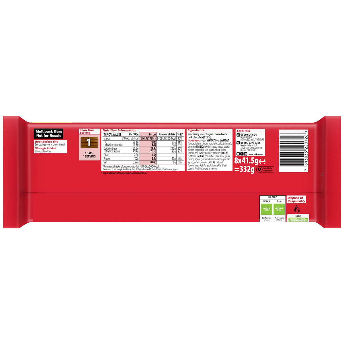KitKat 4 Finger Milk Chocolate Bars Multipack - 8 x 41.5 g