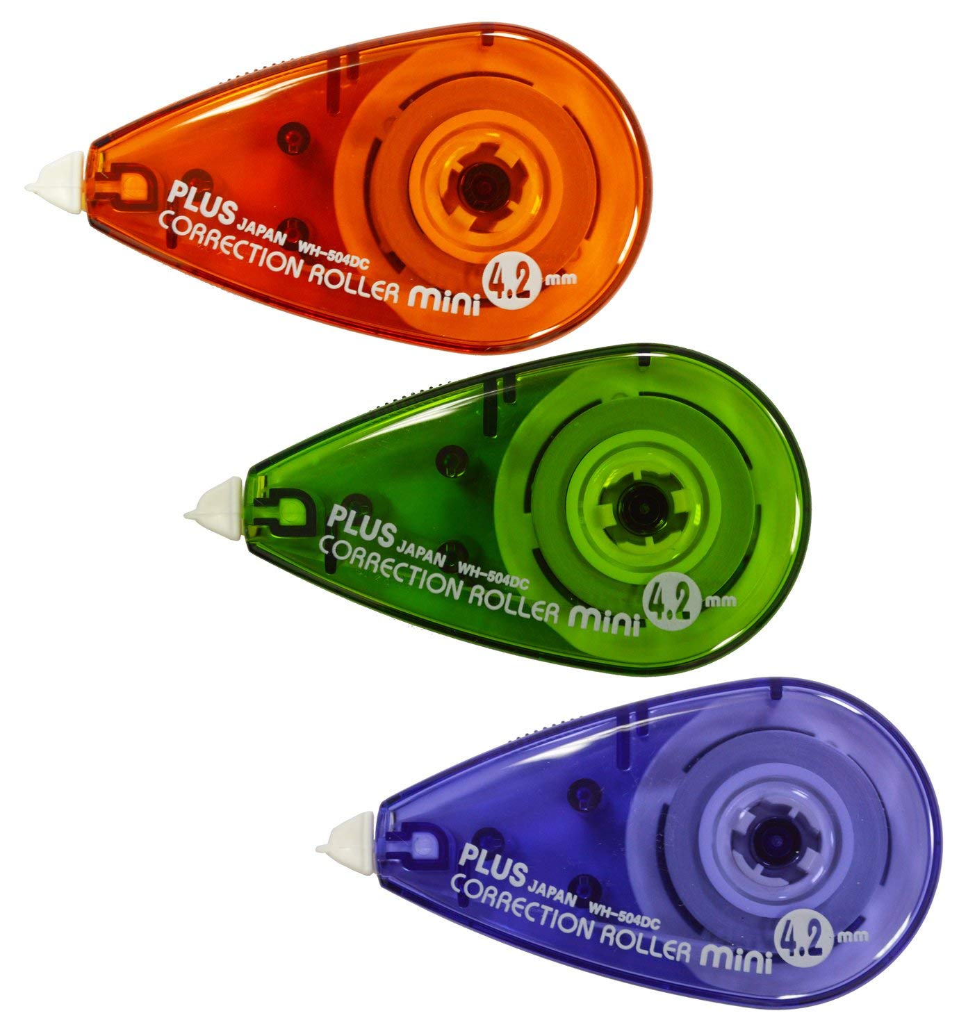 PLUS Correction Tape Roller Mini - 4.2mm Width, 6m Length | 3-Pack (Blue, Orange, Green)