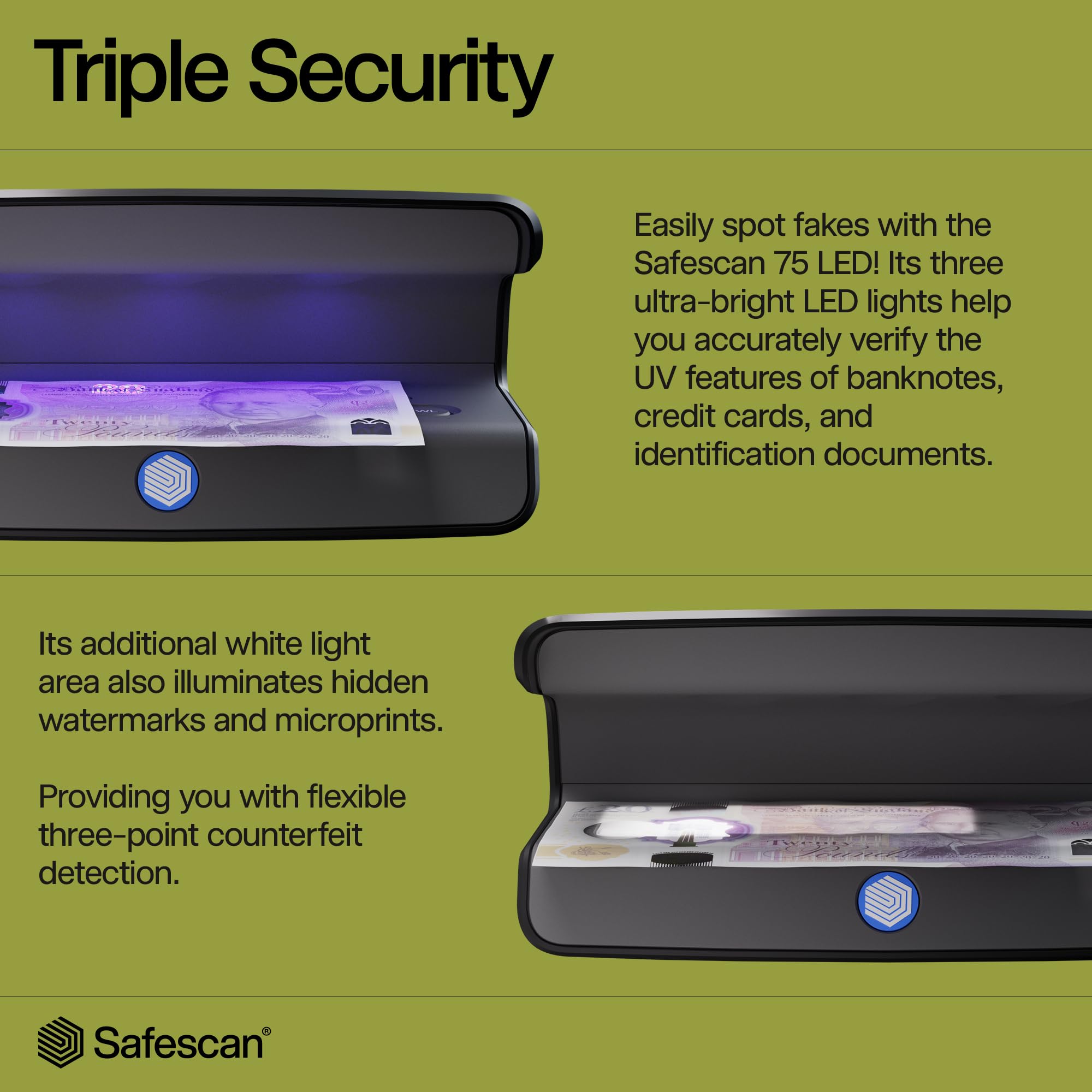 Safescan 75 LED Money Detector with Ultra Strong UV & White Light for Global Currency Verification 2