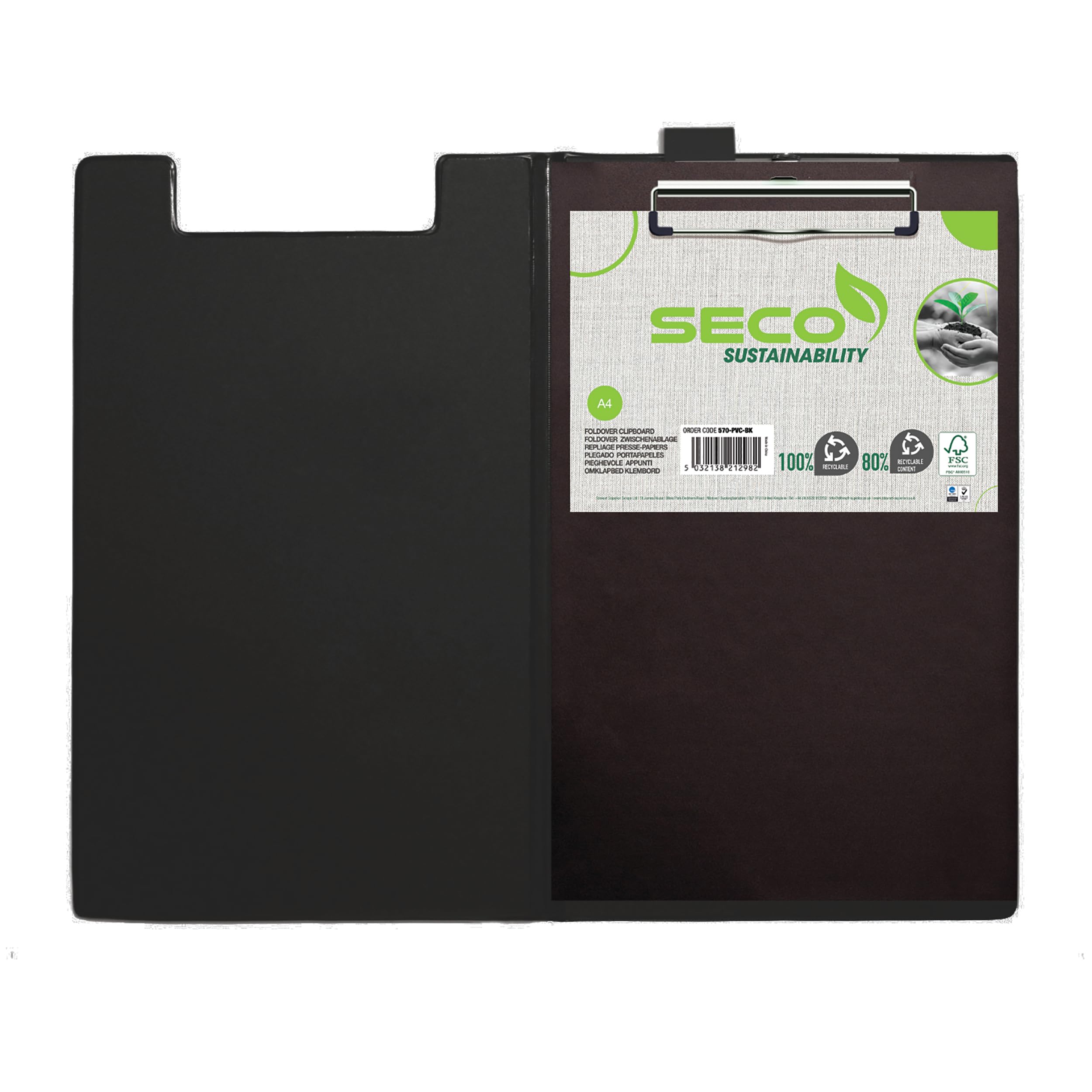 SECO Foldover Clipboard A4+ Black | Durable PVC | Holds up to 50 Sheets