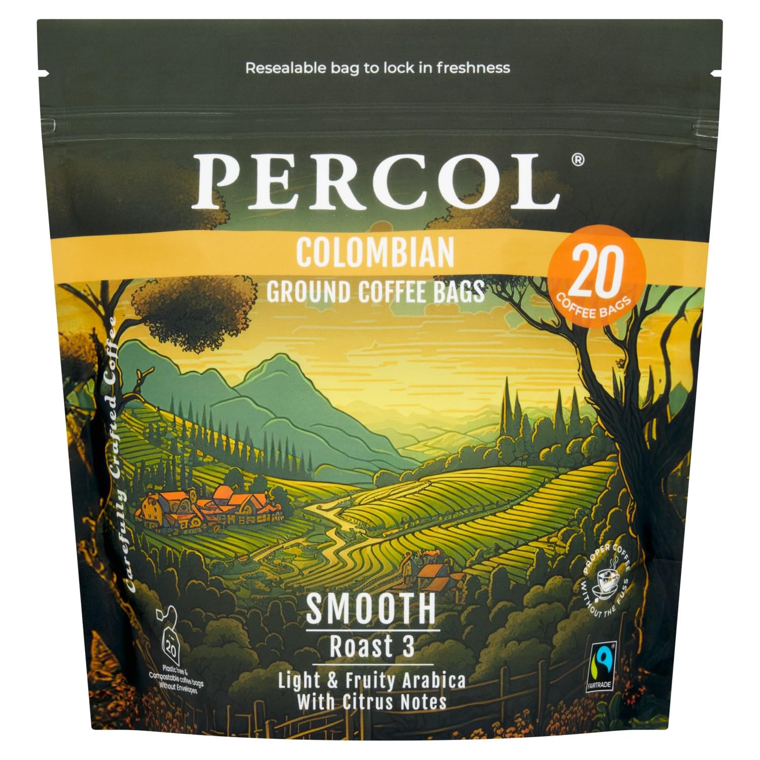PERCOL Colombian Ground Coffee Bags - Light Roast, Fairtrade Certified | 80 x 8g 1