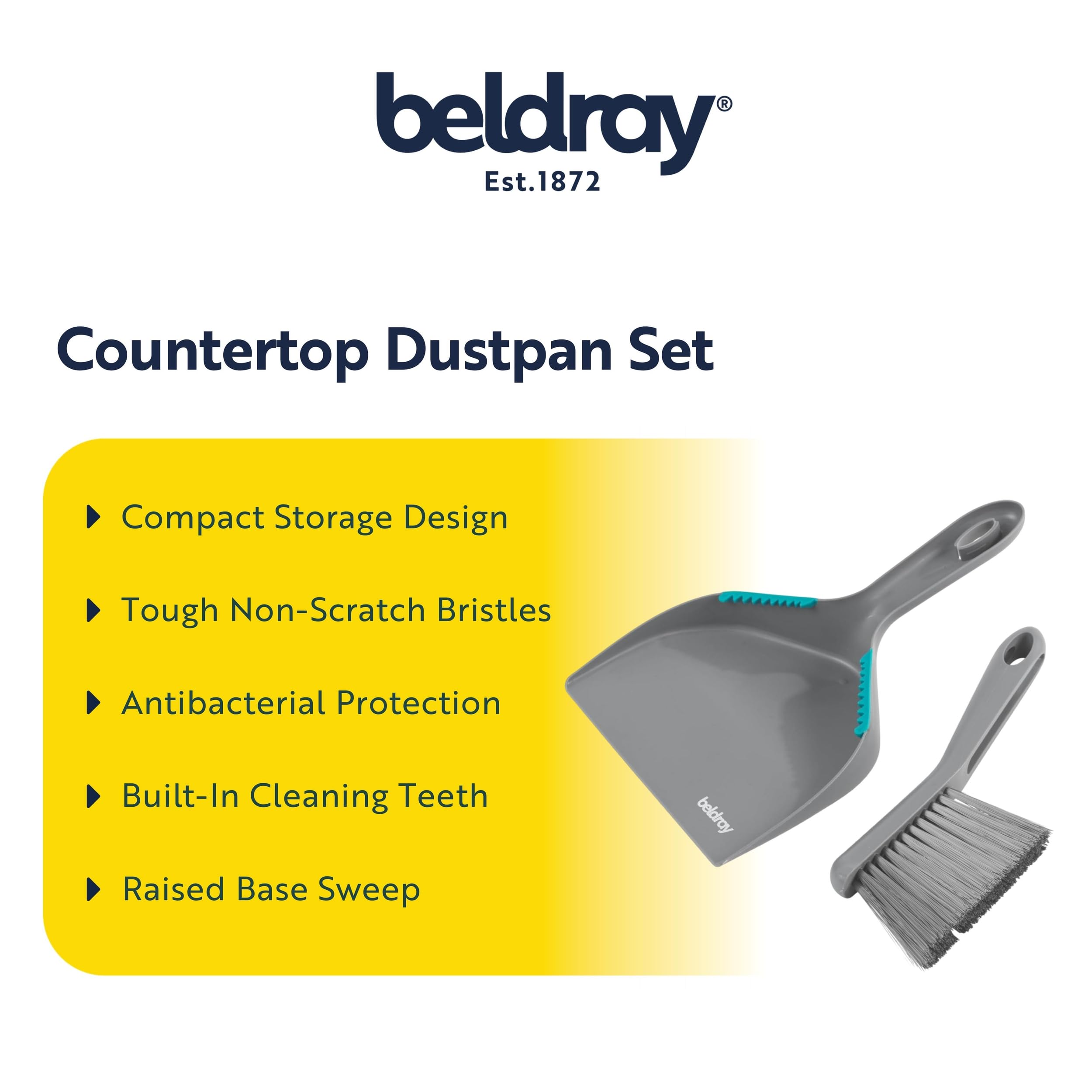 Beldray Antibac Countertop Dustpan & Brush Set - Compact Storage, Grey & Turquoise