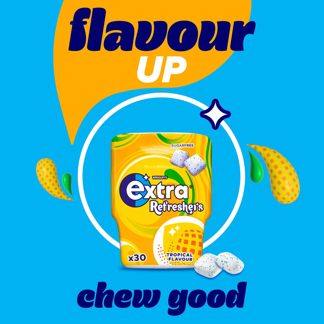 Extra - Refreshers Sugarfree Chewing Gum, Tropical Flavour (90g Bottle)