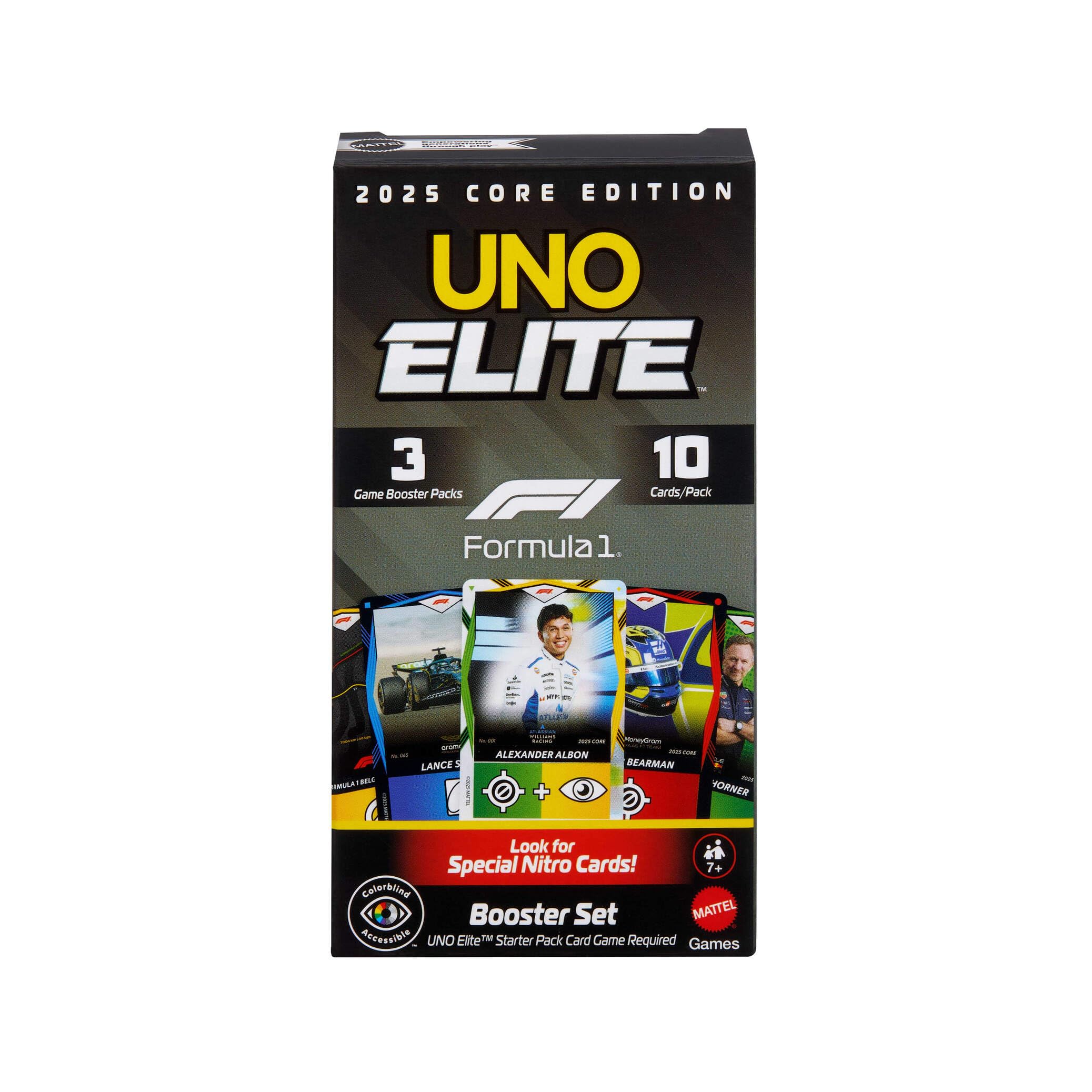 Mattel Games UNO Elite Formula 1 Booster Set 2 Pack with 60 Elite Action Cards, 2025 Core Edition 1