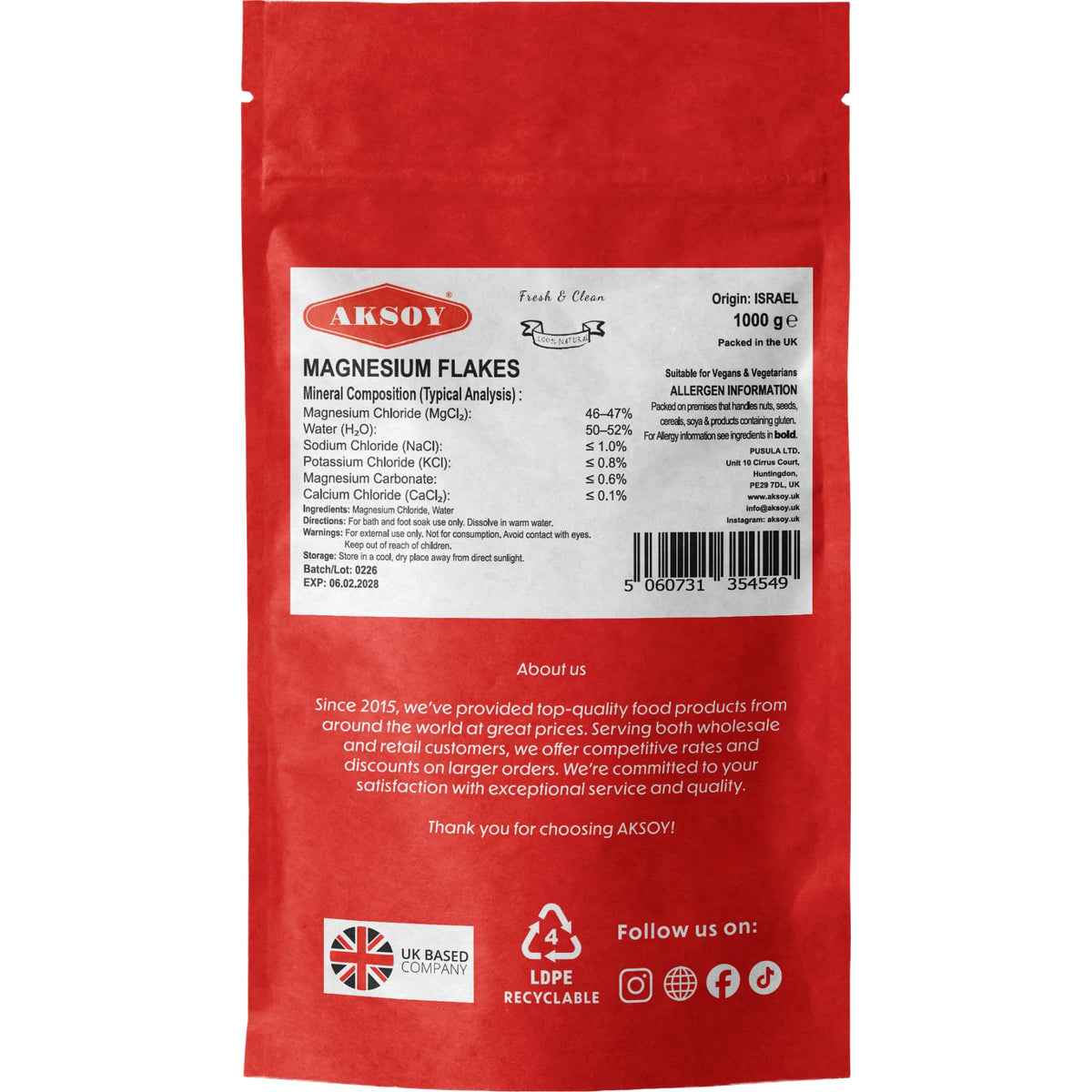 AKSOY Magnesium Chloride Bath Salts - Flakes, 1 kg, Unscented