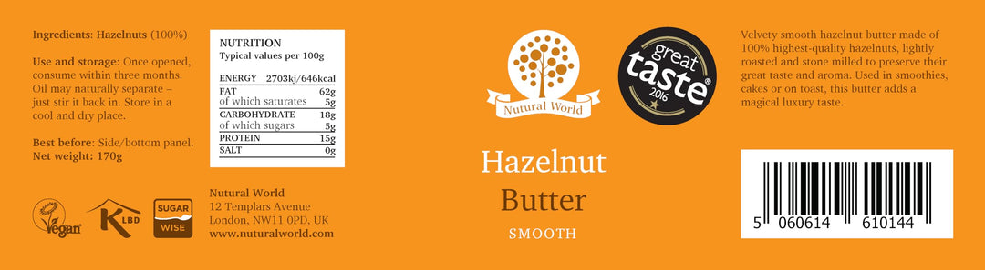 Nutural World - Smooth Hazelnut Butter (170g) - 100% Pure Single Ingredient