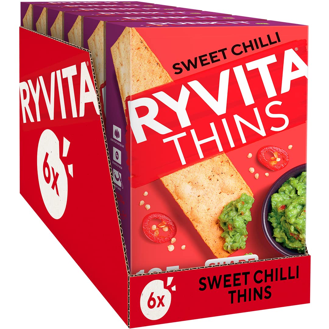 Ryvita Sweet Chilli Thins Flatbreads - Source of Fibre | 6 x 125g Packs | Made in the UK 1