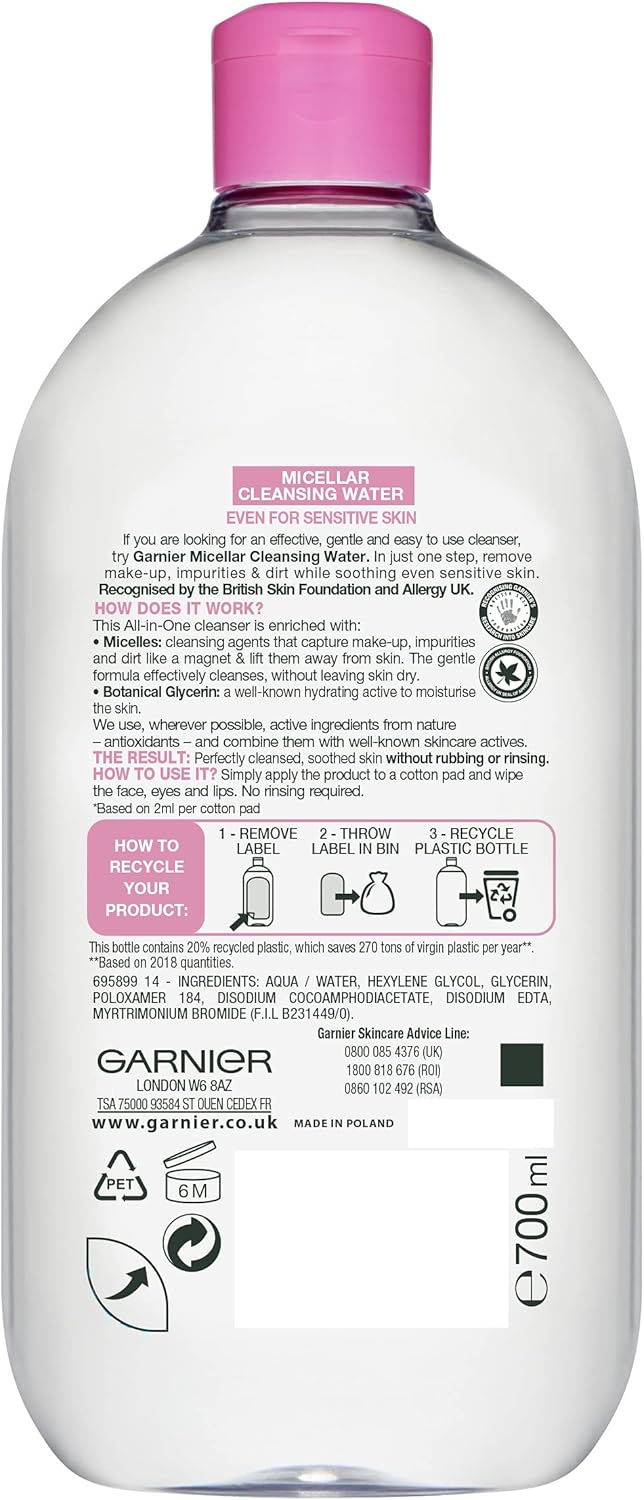 Garnier - Micellar Cleansing Water Gentle Face Cleanser & Makeup Remover (700ml)