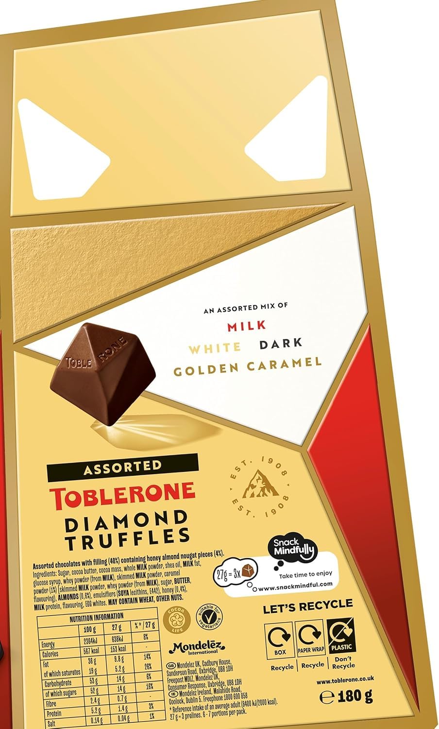 Toblerone Assorted Diamond Chocolate Truffles - Milk, Dark & Golden Caramel Praline, 180g 10