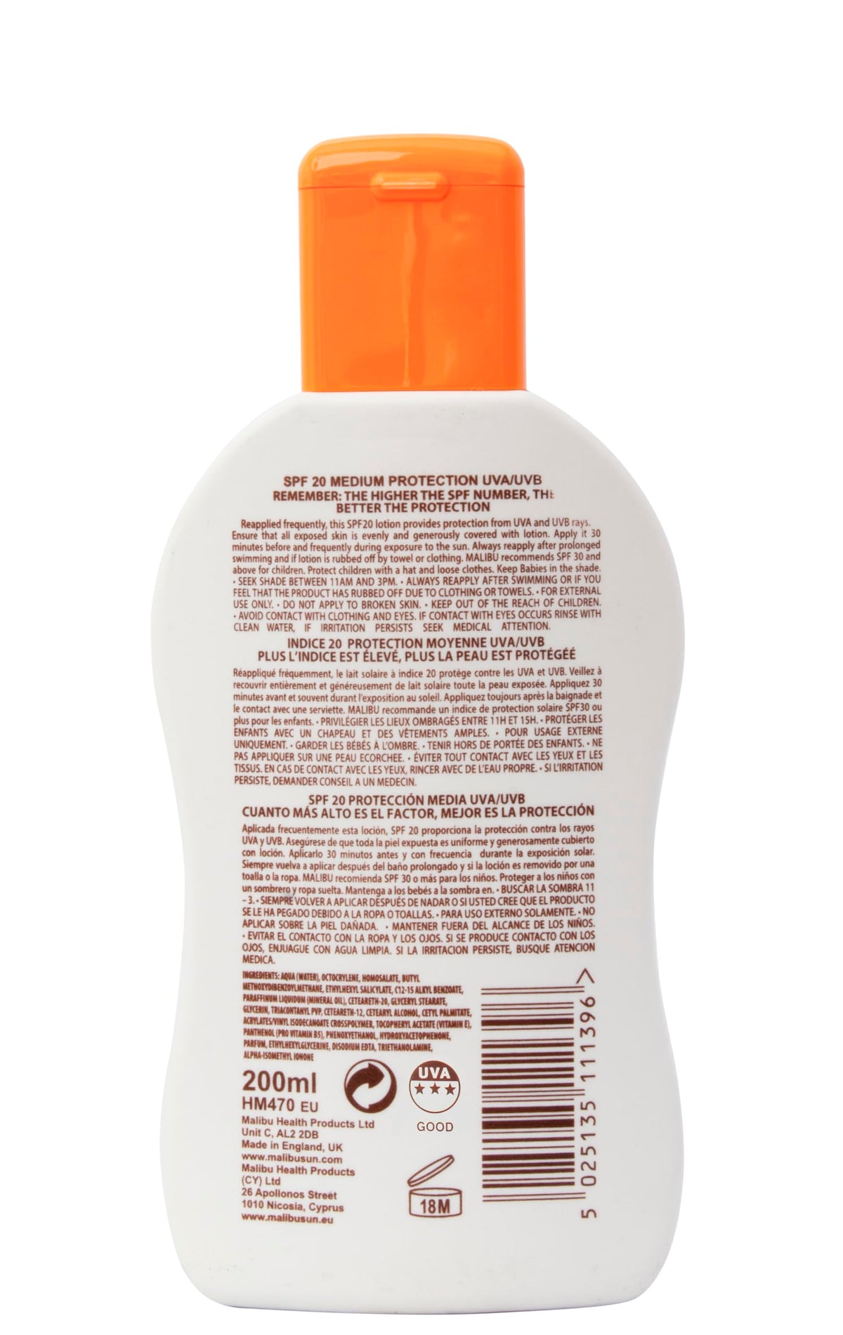 Malibu SPF 20 Sun Lotion - Medium Protection, Moisturising, Water Resistant, 200ml