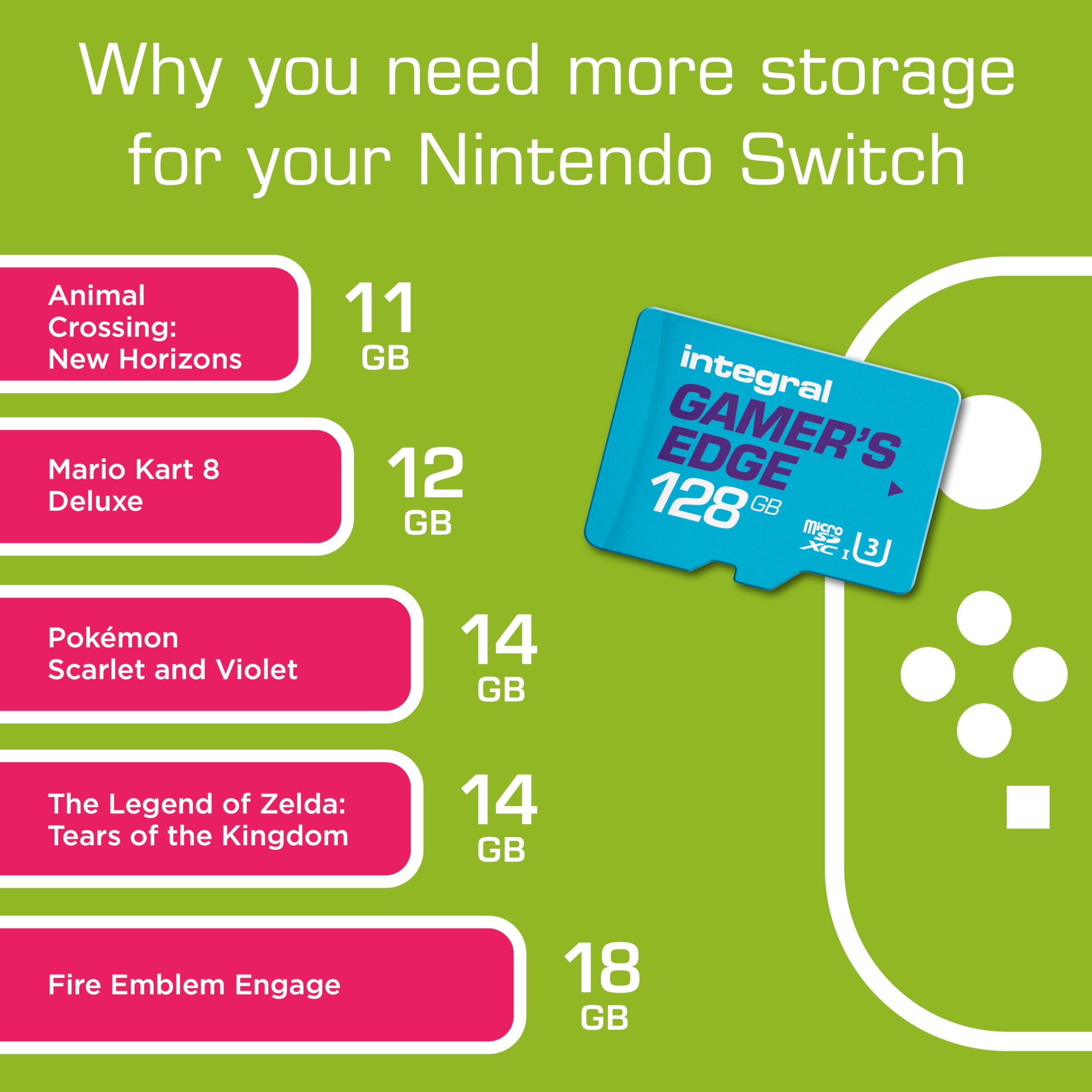 Integral 128GB Gamer's Edge Micro SD Card for Nintendo Switch, Switch Lite & Switch OLED - U3, 100MB/s Read, A1 App Performance 5