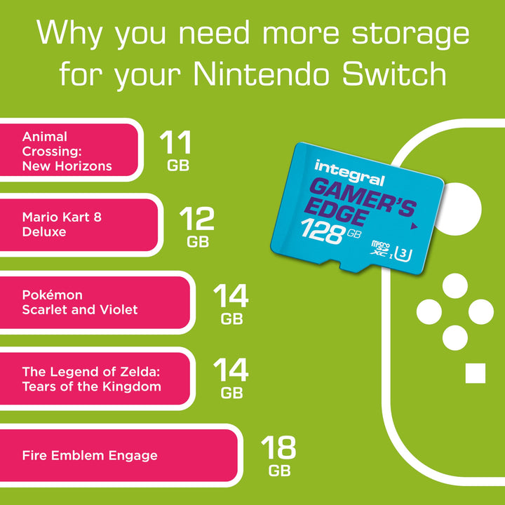 Integral 128GB Gamer's Edge Micro SD Card for Nintendo Switch, Switch Lite & Switch OLED - U3, 100MB/s Read, A1 App Performance