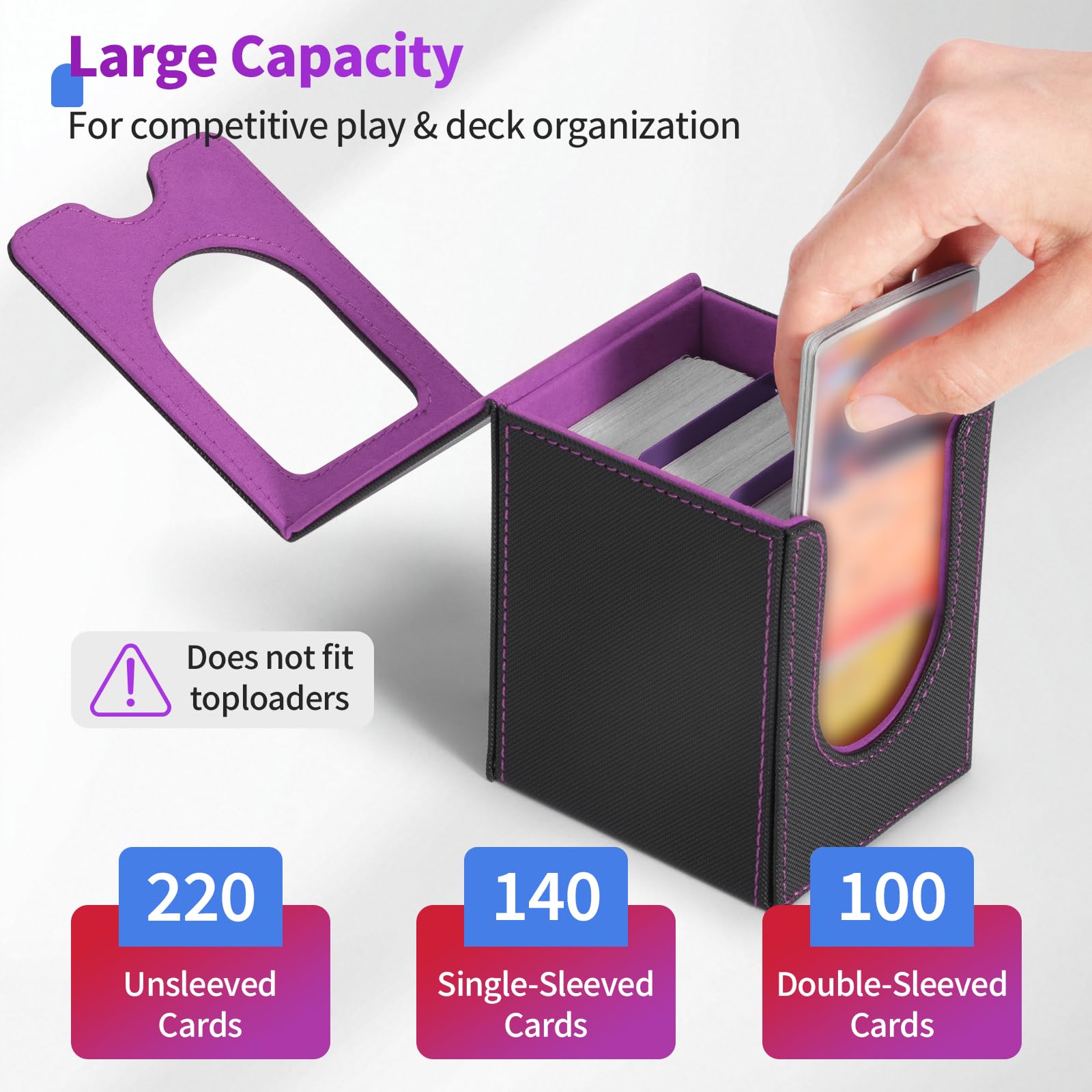 Euqvunn TCG Deck Box - Magnetic Closure, Display Window | Holds 100-220 Cards | Black & Purple 2