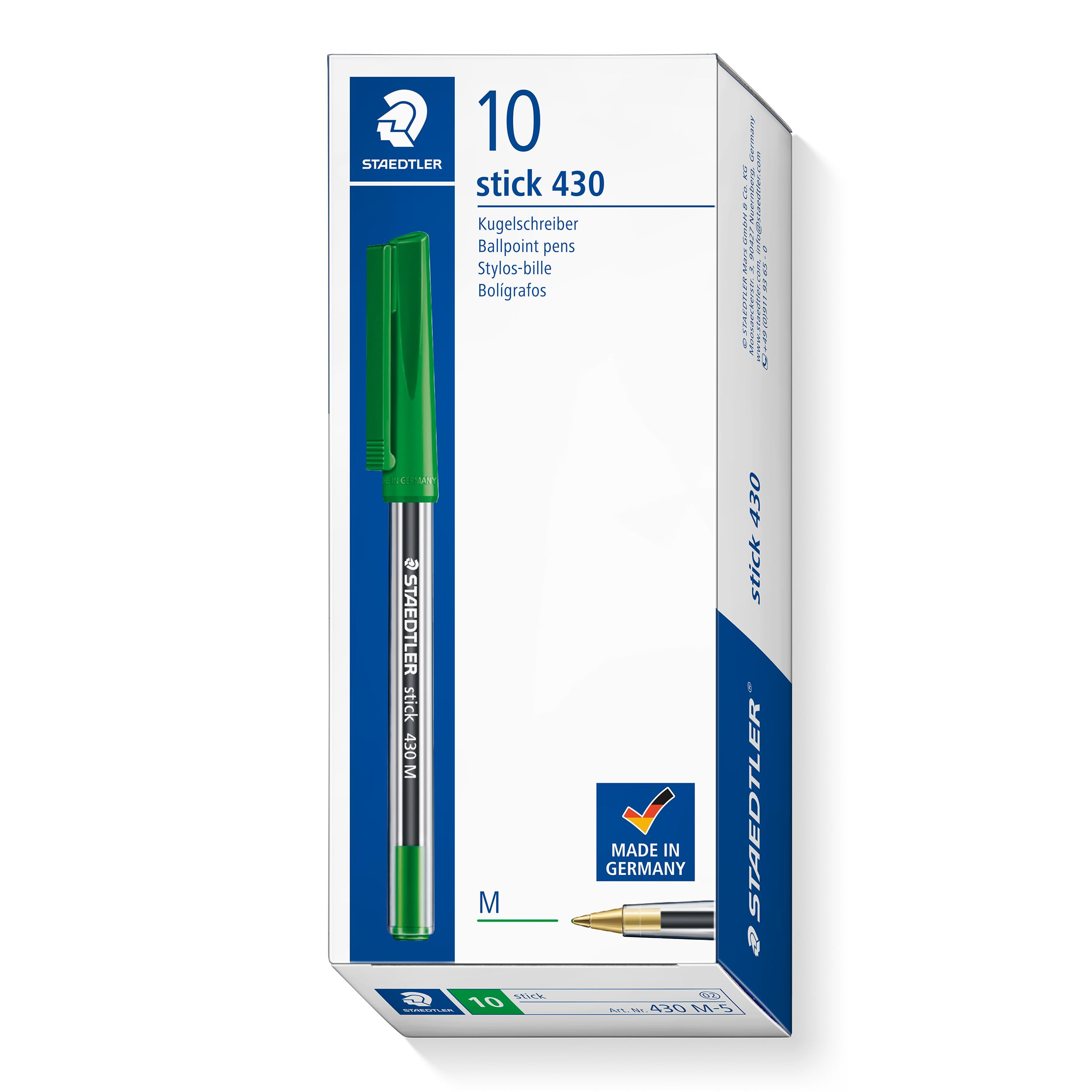 STAEDTLER Stick 430 Ballpoint Pen - Medium Point, Green Ink | Box of 10 | Airplane Safe 1