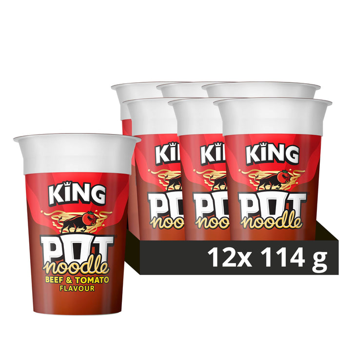 Pot Noodle Beef & Tomato Flavour King Pot – 12 x 114g Vegetarian Instant Noodles