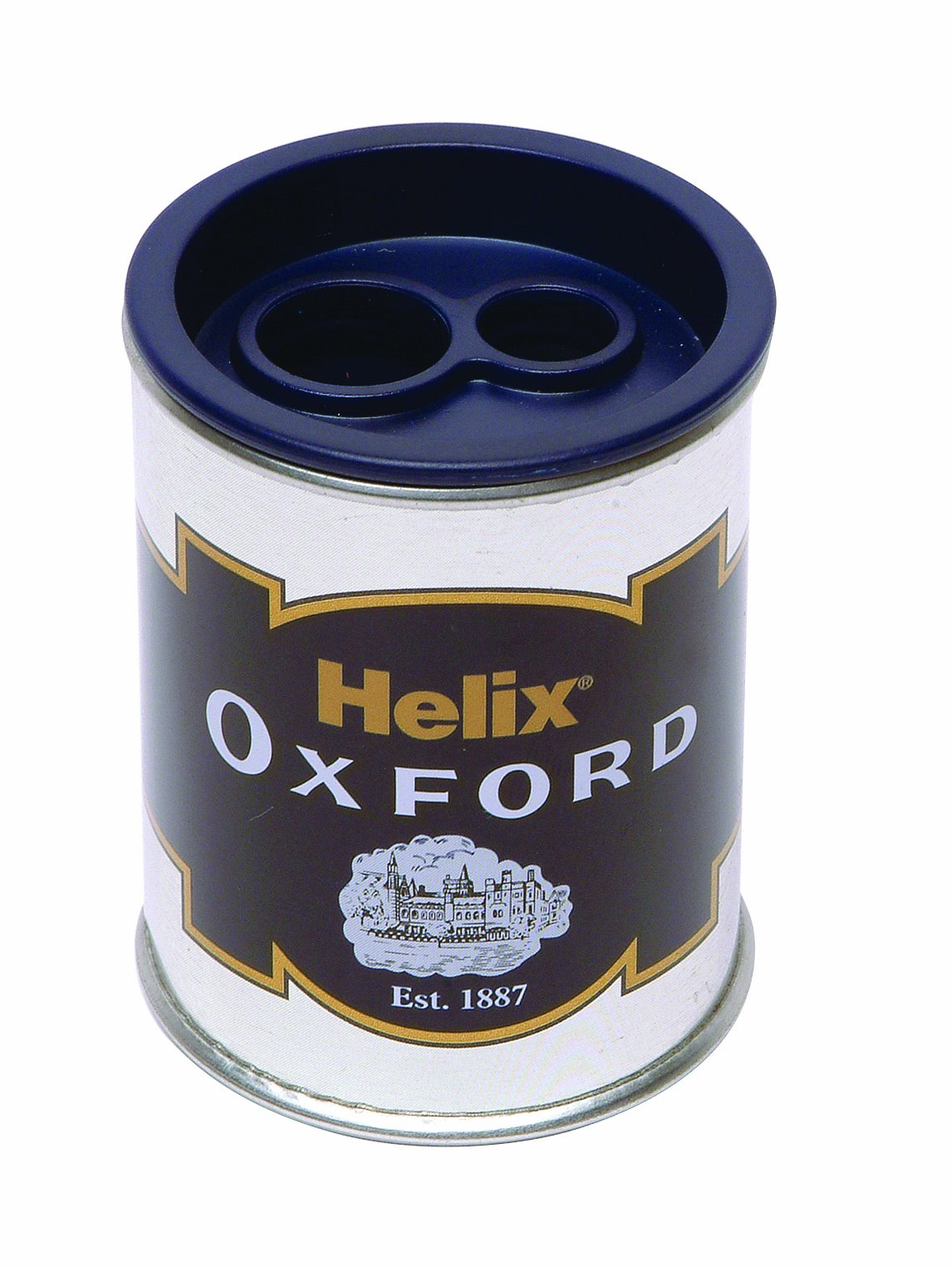 Helix Oxford Two Hole Barrel Pencil Sharpener - Metal Barrel | Collects Shavings | Blue 1
