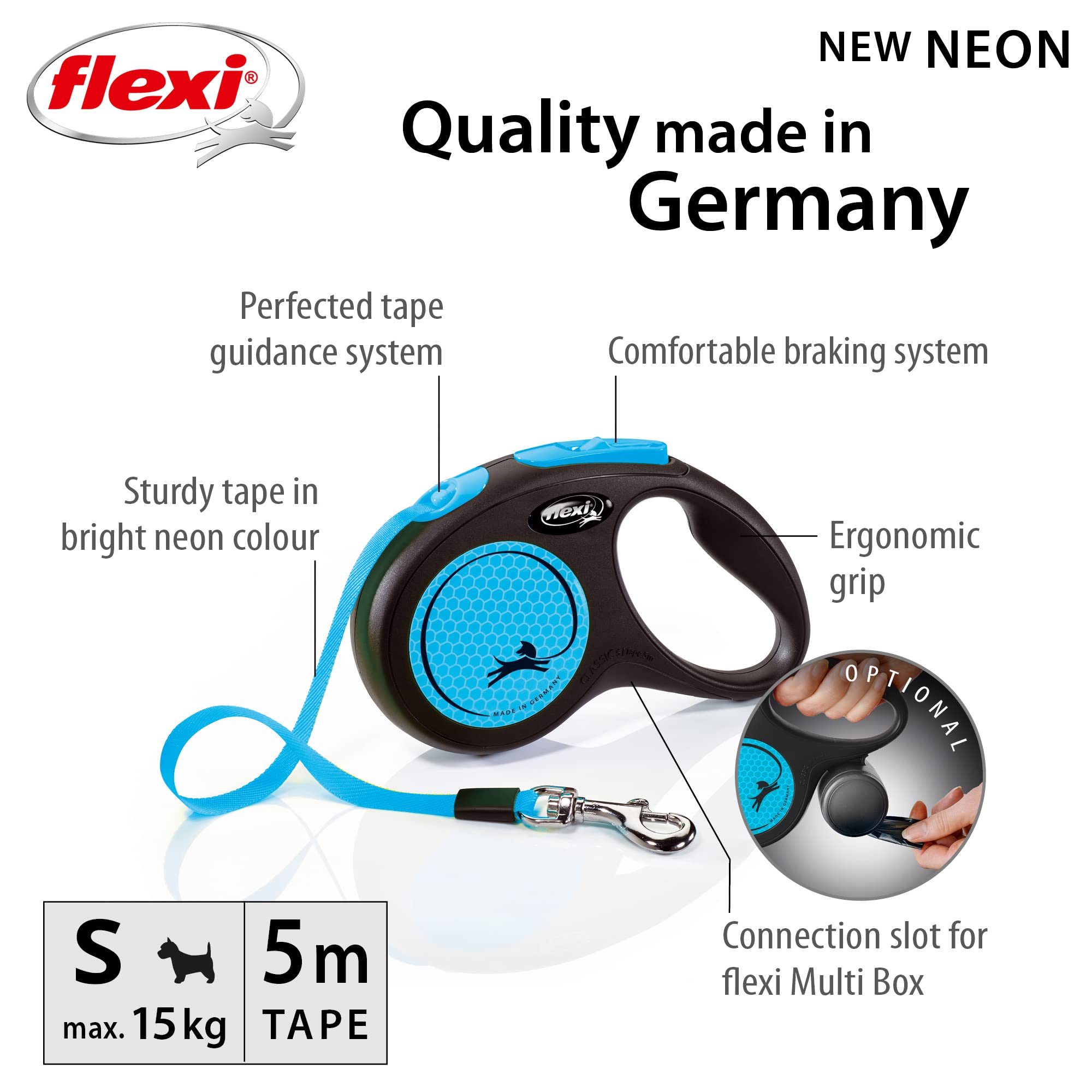 flexi Neon S Retractable Tape Leash - 5m, Up to 15kg | Blue
