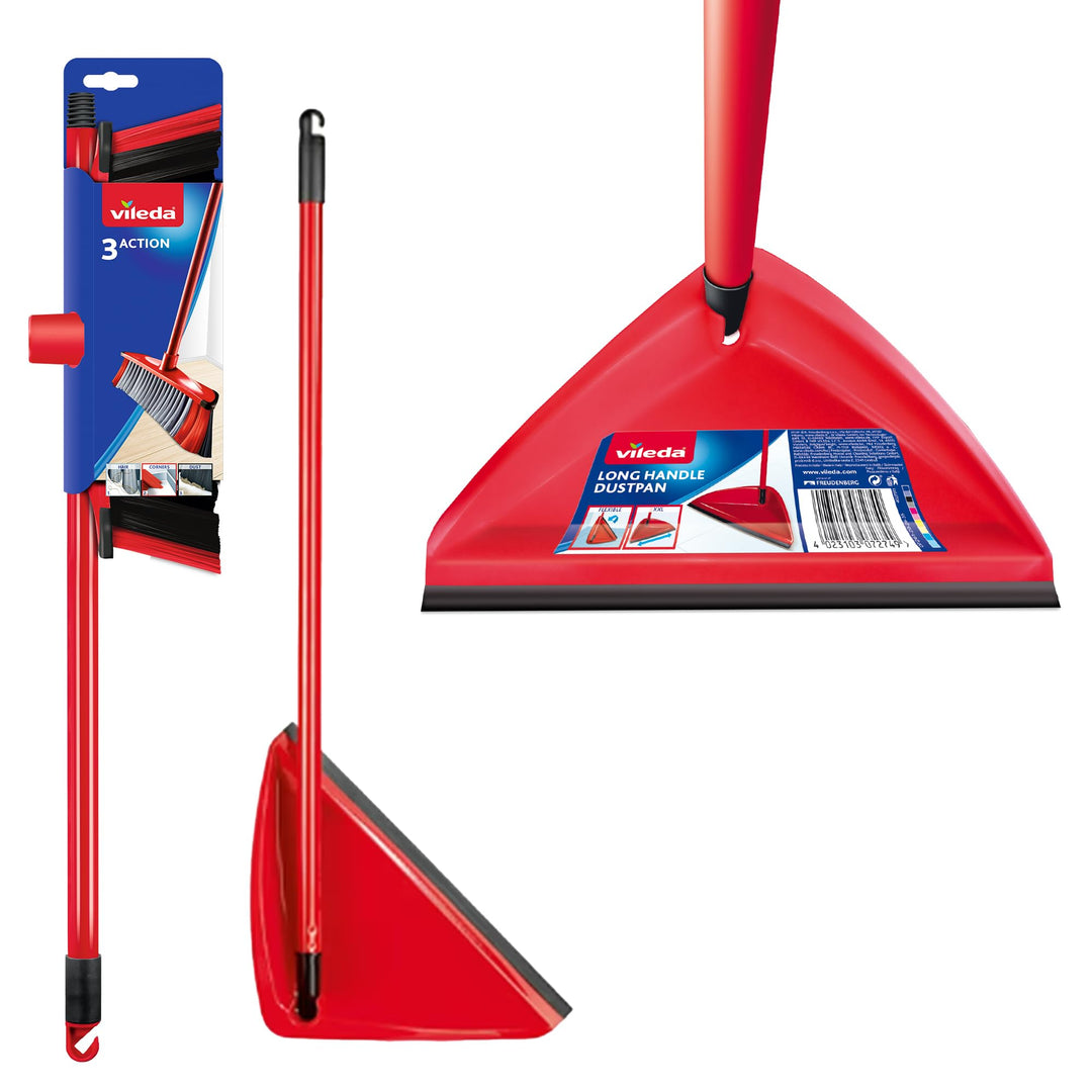 Vileda 3Action Broom Plus Long Handled Dustpan Set, Red