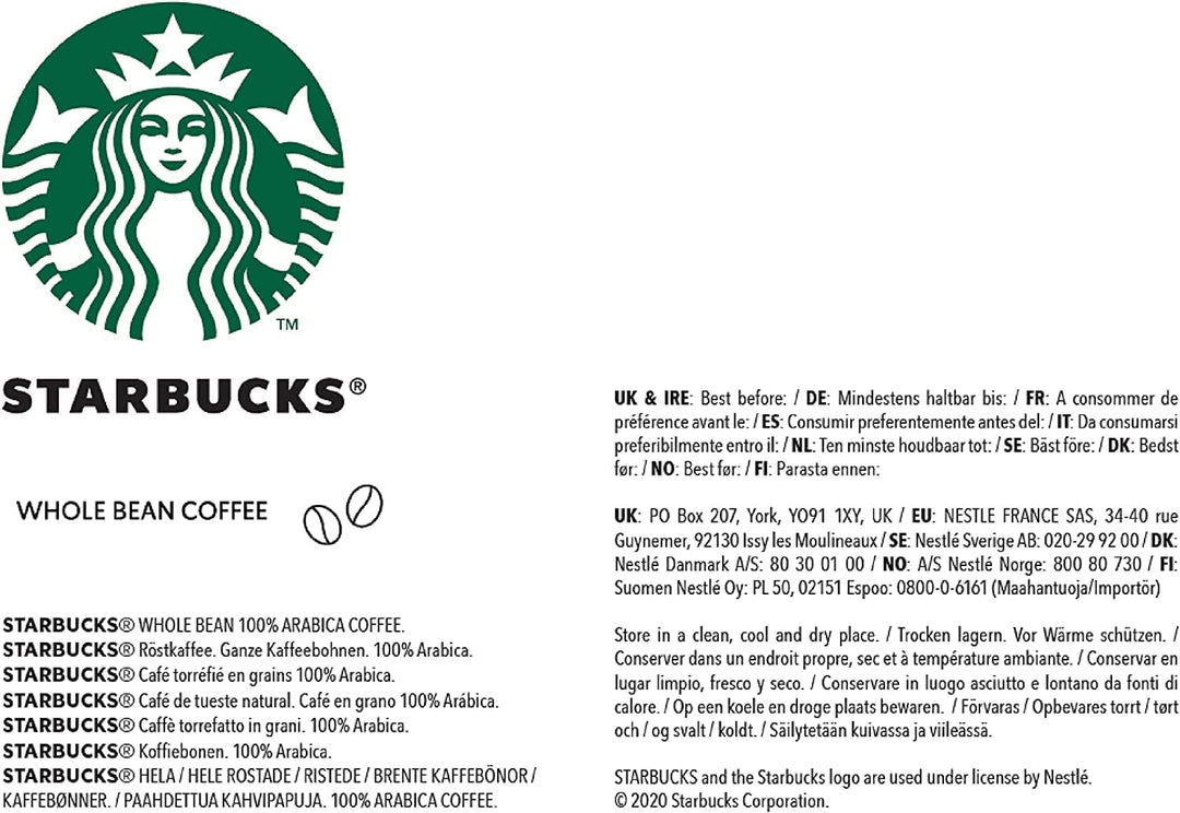 STARBUCKS Pike Place Roast - Medium Roast Whole Bean Coffee 200g (Pack of 6)
