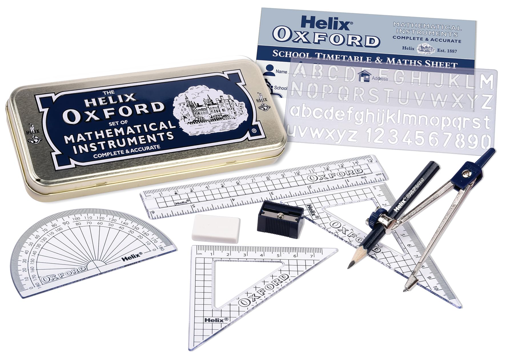 Helix Oxford Maths Set - 10 Piece Geometry Equipment with Storage Tin | Metal Compass | Ruler 1