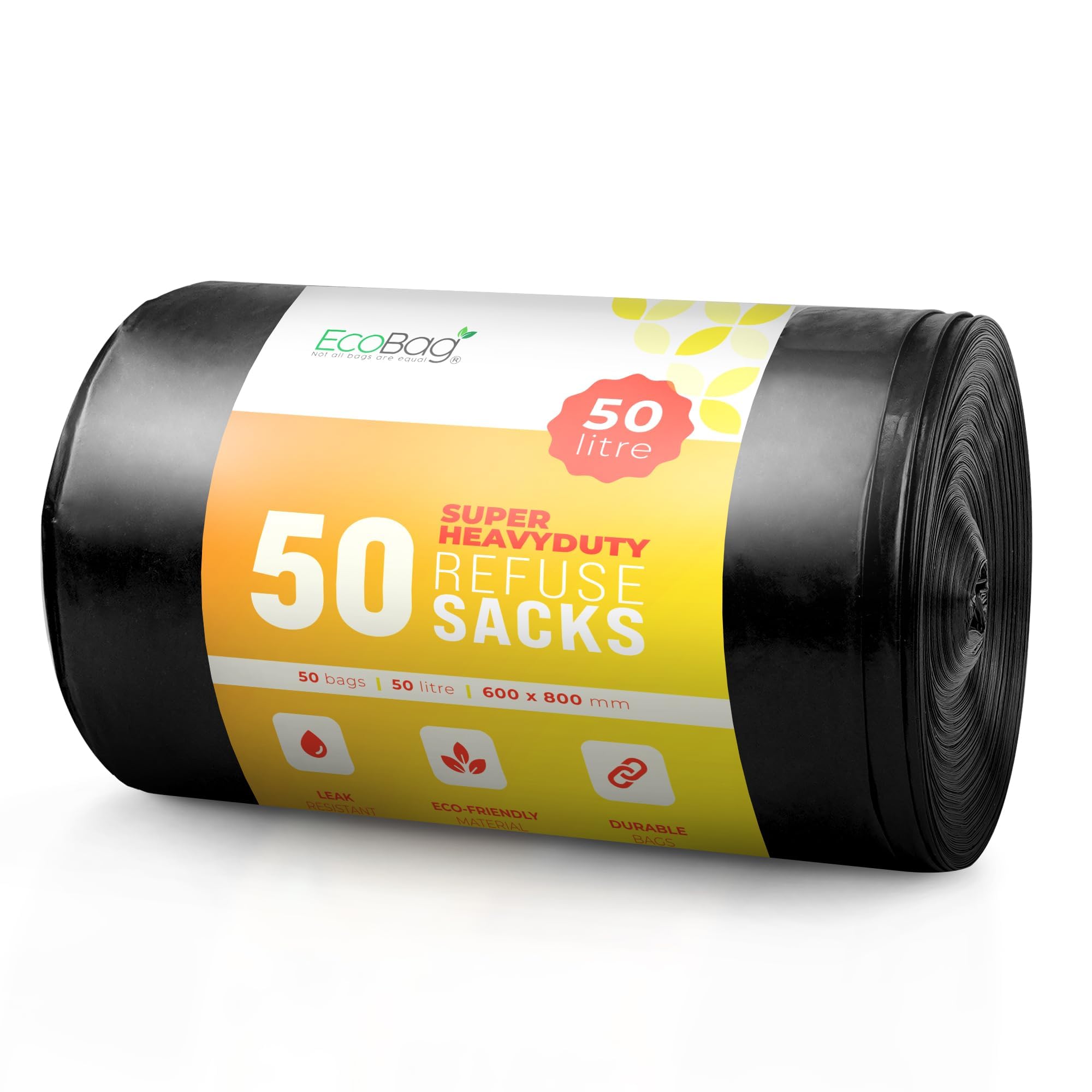 EcoBag Extra Strong Heavy Duty Refuse Sacks - 50L Recyclable Bin Bags, 50 Pack 1