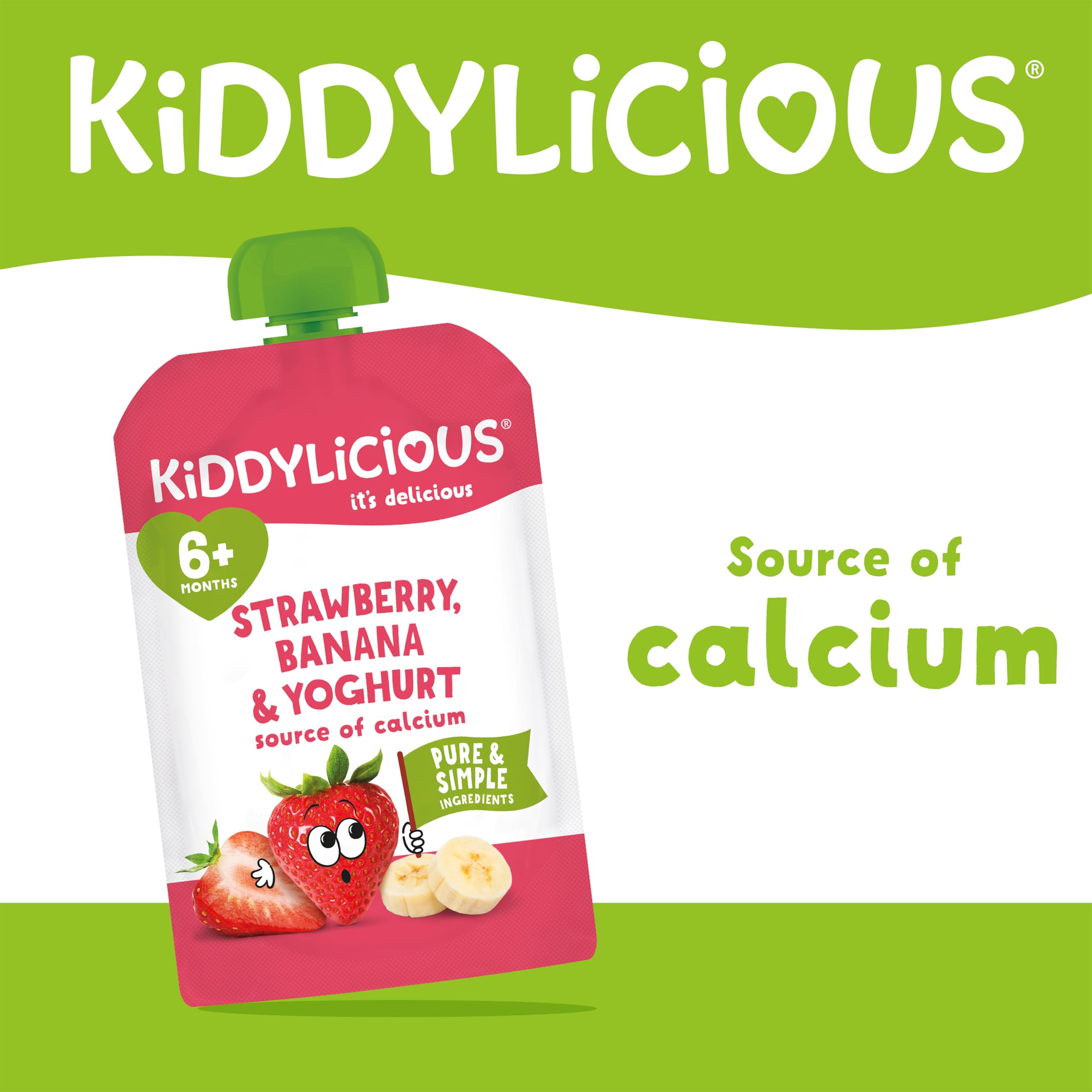 Kiddylicious Strawberry & Banana Yogurt Pouches - 6 Pack of Smooth Purée Snacks with Calcium for Toddlers 2