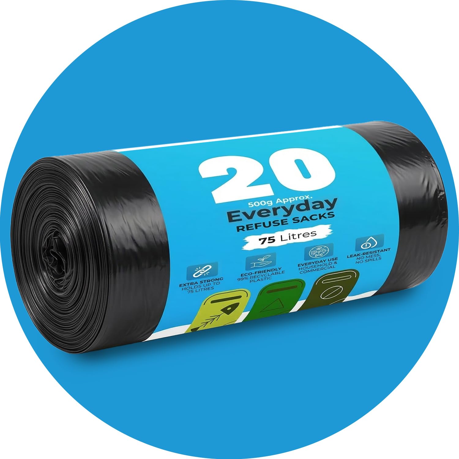 Roe Tenpo Extra Strong Bin Bags - 75L Capacity, 20 Count, Black | Recyclable 1